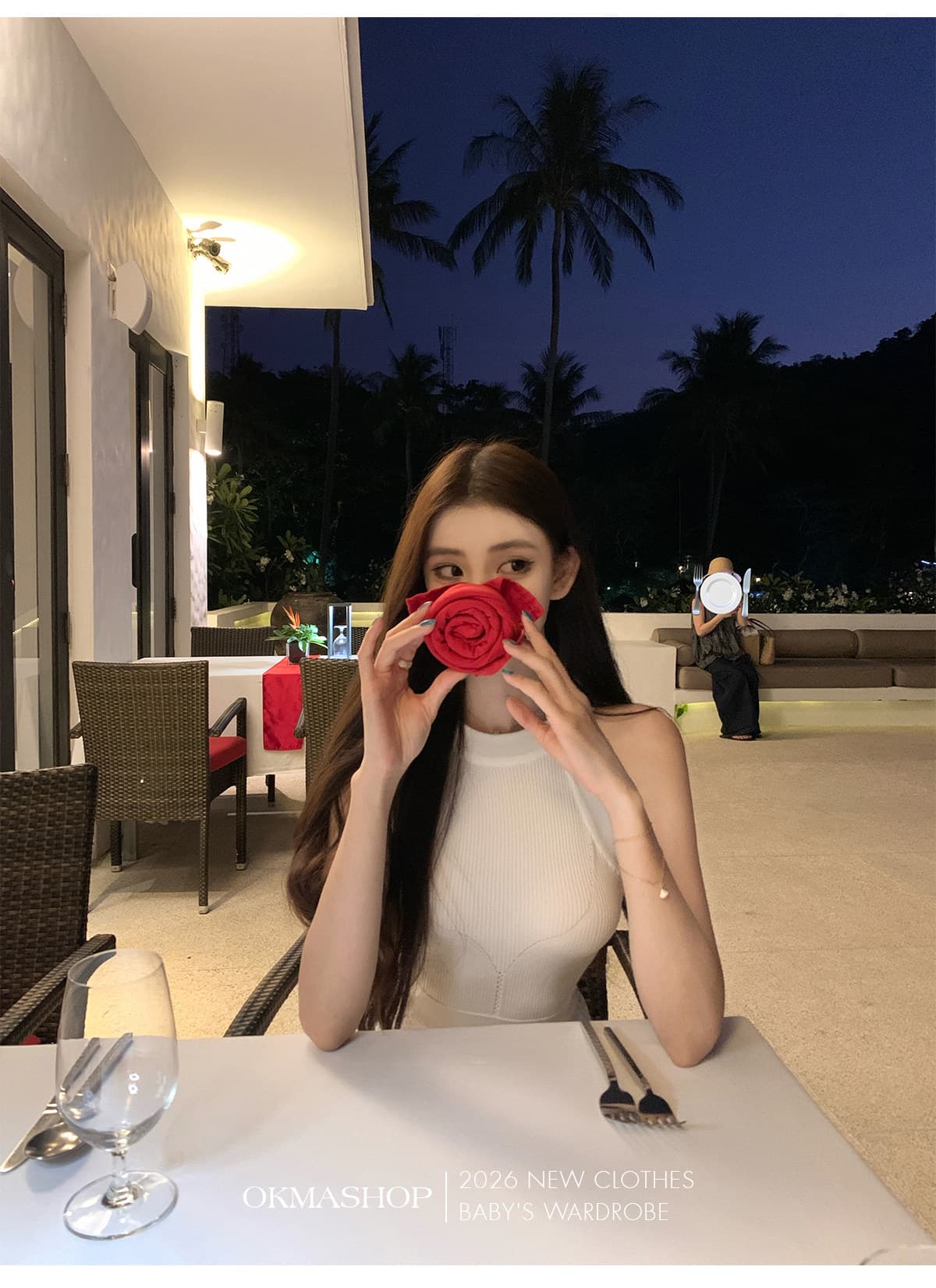 okmashop 순수한 흰색 사랑 행침 목 얼음 실크 여성 드레스 여름 품격 고급 센스 몸매 가꾸기 허리 수축 치마 상세 이미지 17