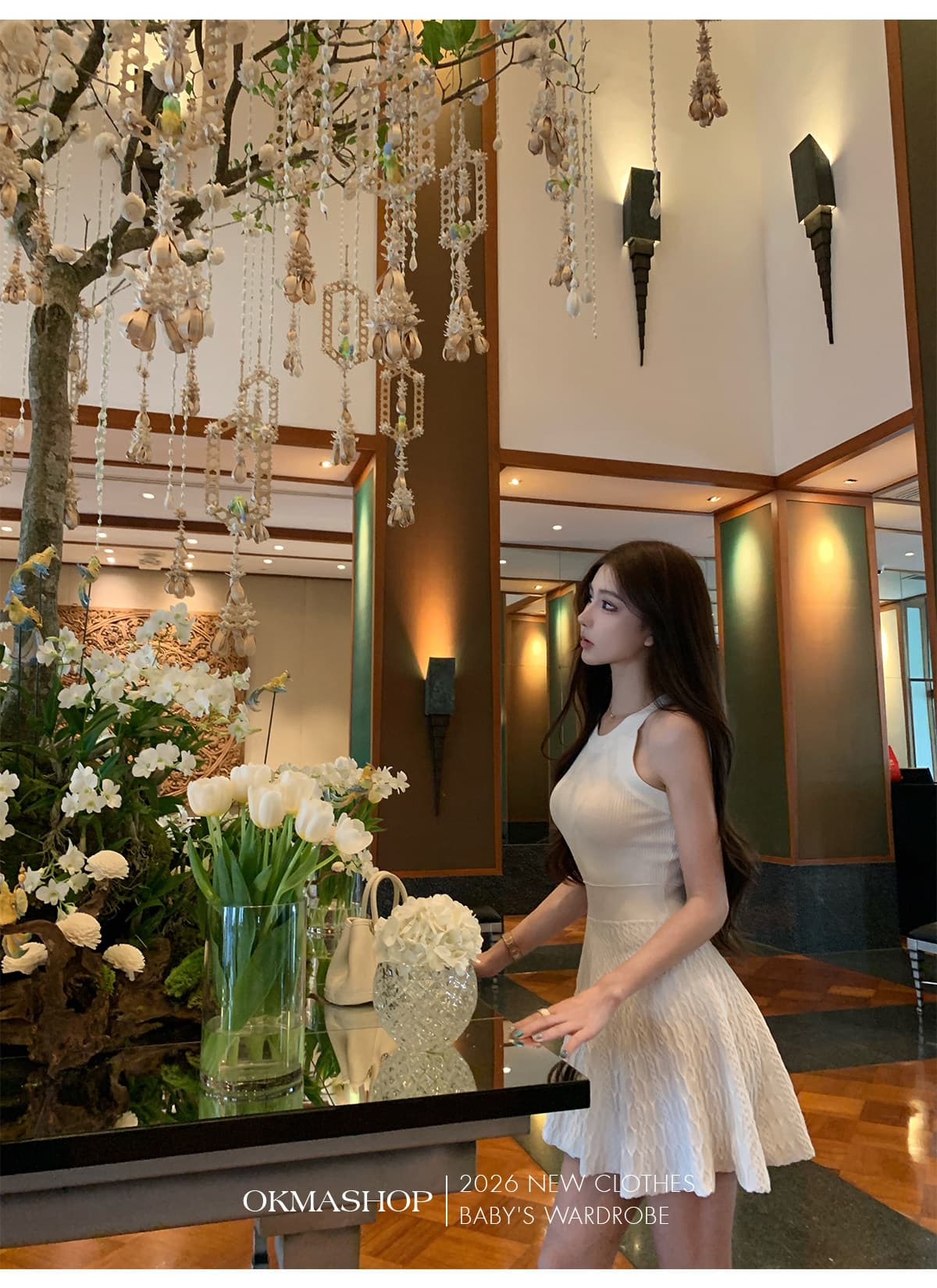okmashop 순수한 흰색 사랑 행침 목 얼음 실크 여성 드레스 여름 품격 고급 센스 몸매 가꾸기 허리 수축 치마 상세 이미지 18