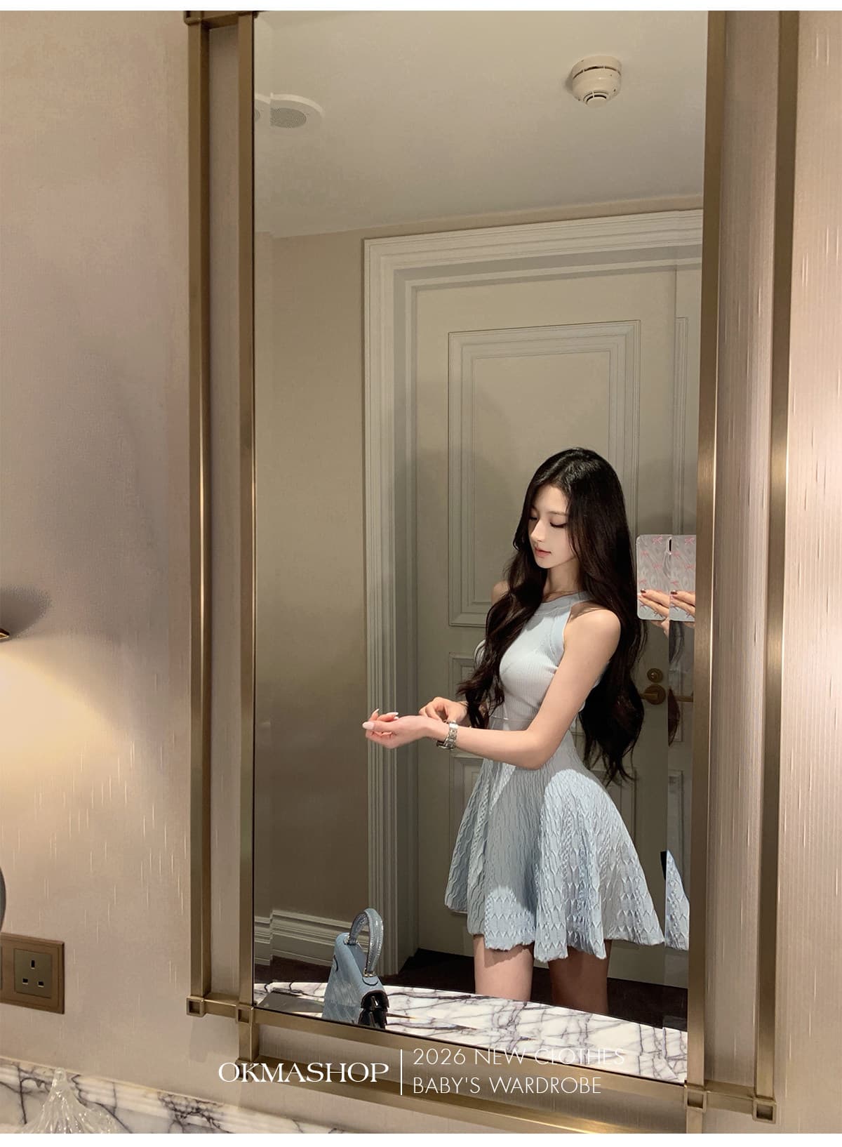 okmashop 순수한 흰색 사랑 행침 목 얼음 실크 여성 드레스 여름 품격 고급 센스 몸매 가꾸기 허리 수축 치마 상세 이미지 20