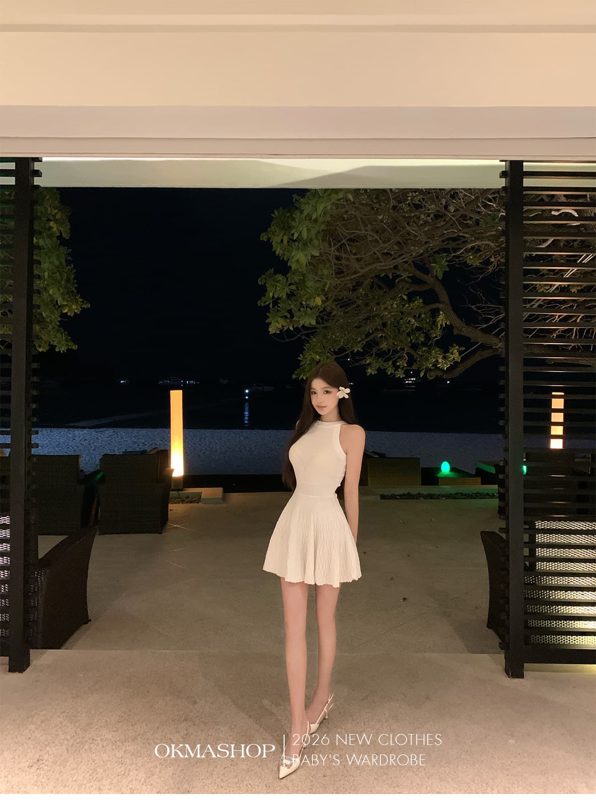 okmashop 순수한 흰색 사랑 행침 목 얼음 실크 여성 드레스 여름 품격 고급 센스 몸매 가꾸기 허리 수축 치마 상세 이미지 23