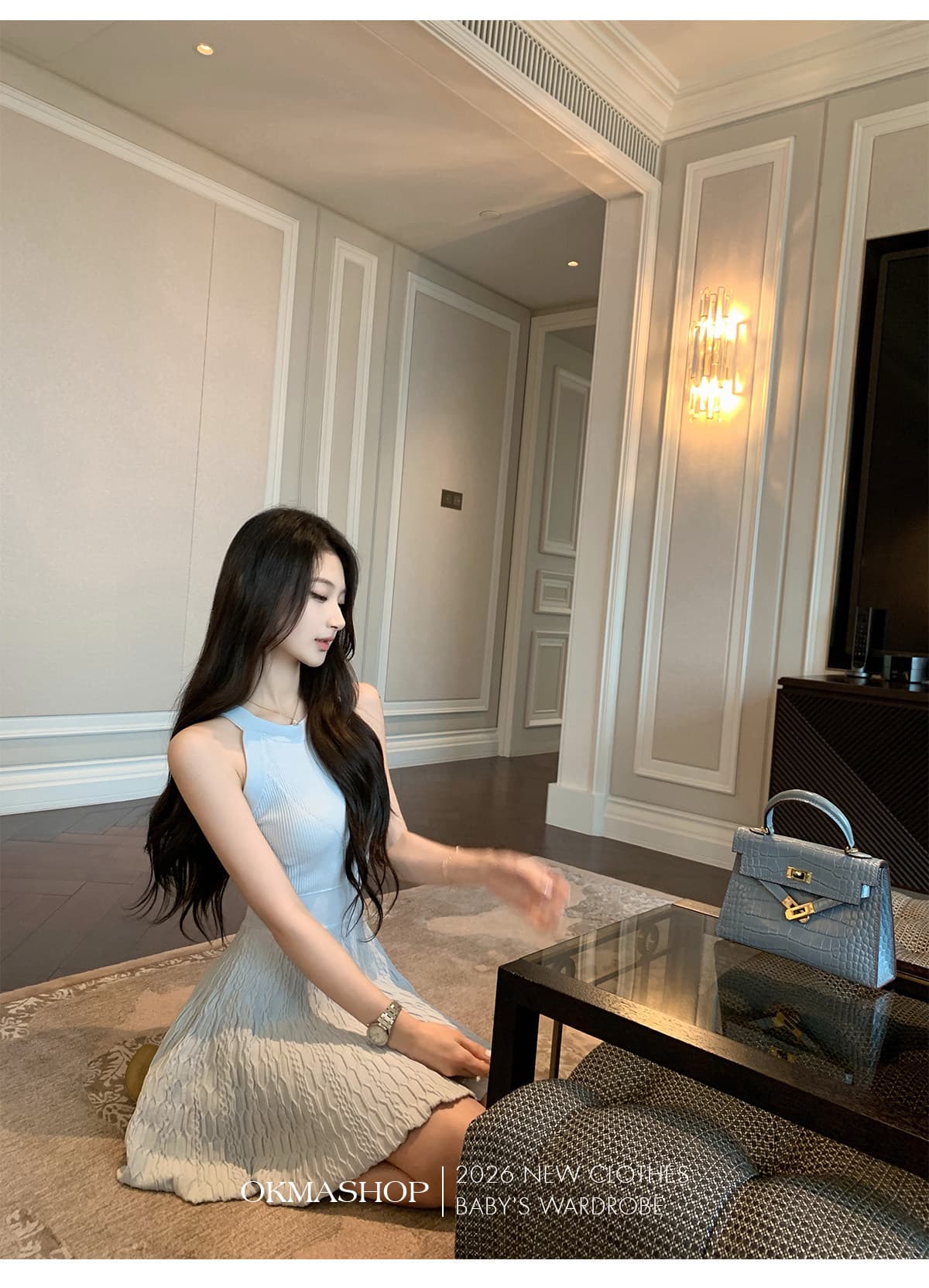 okmashop 순수한 흰색 사랑 행침 목 얼음 실크 여성 드레스 여름 품격 고급 센스 몸매 가꾸기 허리 수축 치마 상세 이미지 29