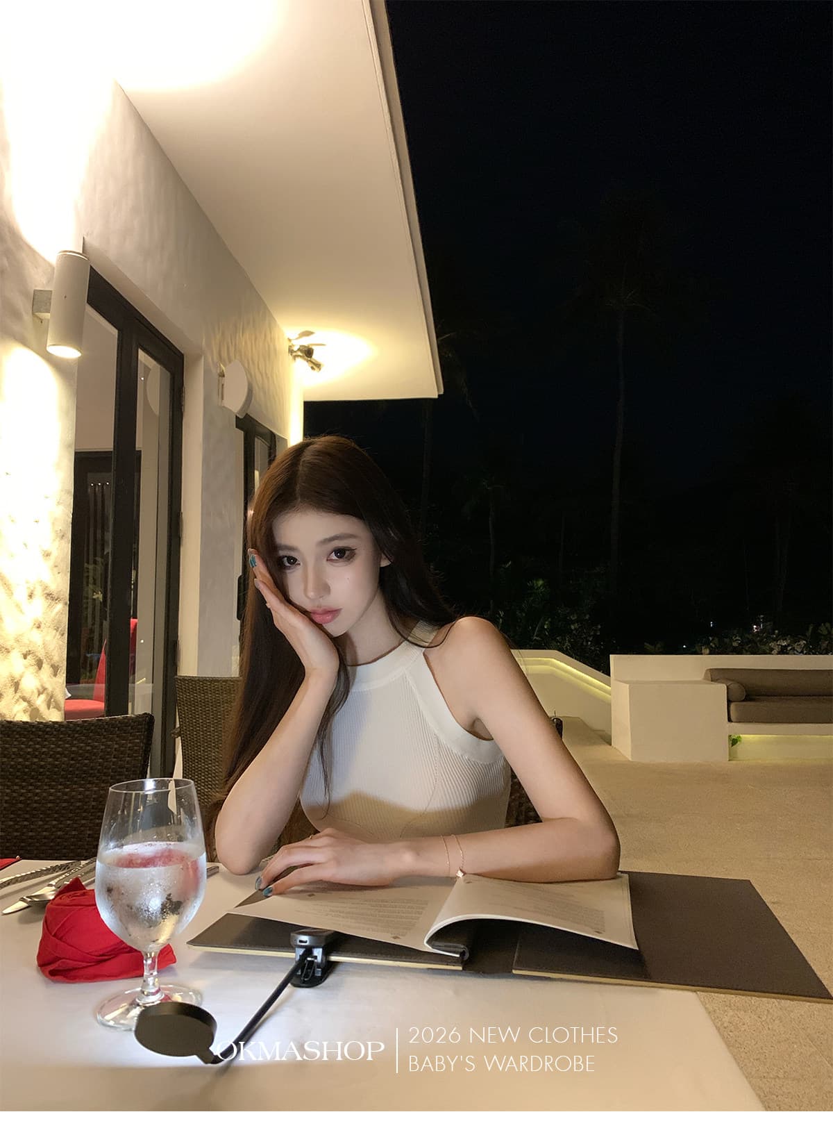okmashop 순수한 흰색 사랑 행침 목 얼음 실크 여성 드레스 여름 품격 고급 센스 몸매 가꾸기 허리 수축 치마 상세 이미지 39