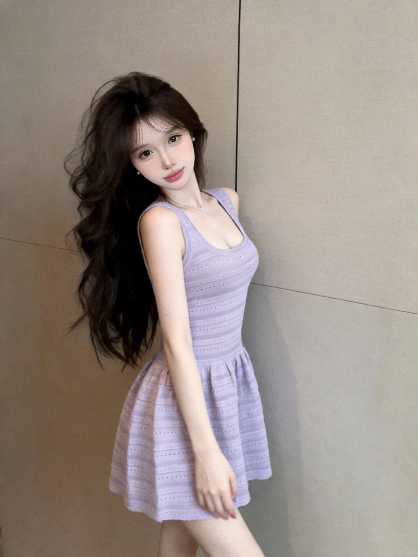 coolline 숲 희 차가운 아름다움 분위기 센스 캐치 부서 라벤더 보라색 여성 드레스 디스플레이 화이트 허리 수축 미니 스커트 상세 이미지 17