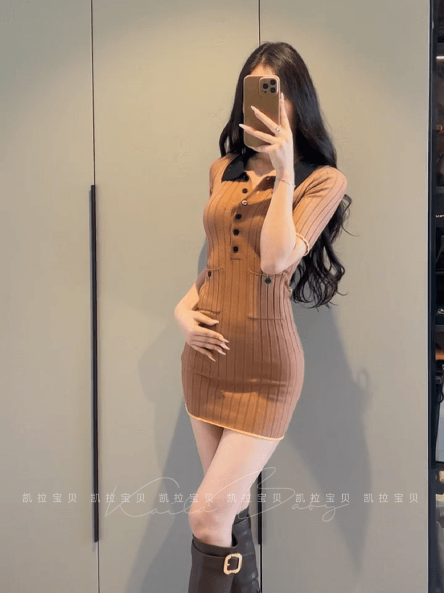 프랑스식 천 금빛 바람 배색 polo 폴로 칼라 꼬집기 허리 얼음 실크 드레스 몸매 가꾸기 슬림해 보이는 고급 센스 다용도 타이트 스커트 이미지 3