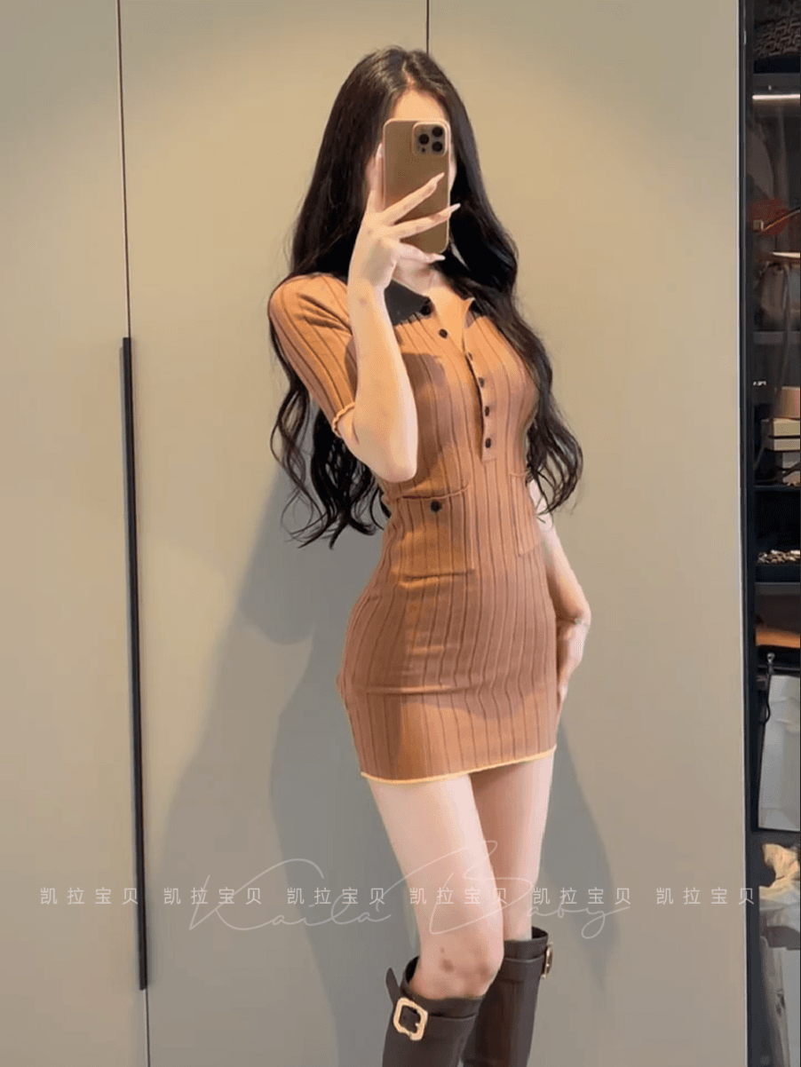 프랑스식 천 금빛 바람 배색 polo 폴로 칼라 꼬집기 허리 얼음 실크 드레스 몸매 가꾸기 슬림해 보이는 고급 센스 다용도 타이트 스커트 이미지 4