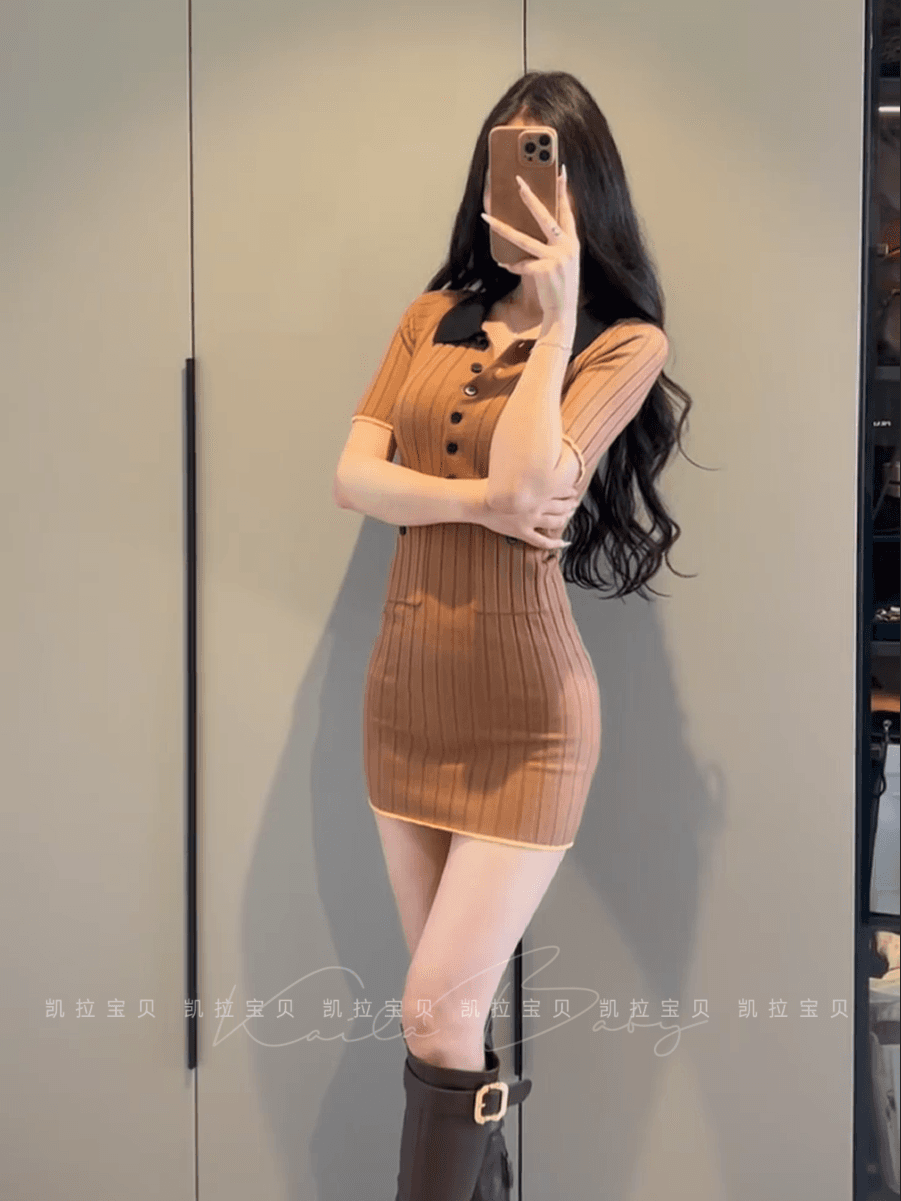 프랑스식 천 금빛 바람 배색 polo 폴로 칼라 꼬집기 허리 얼음 실크 드레스 몸매 가꾸기 슬림해 보이는 고급 센스 다용도 타이트 스커트 상세 이미지 5