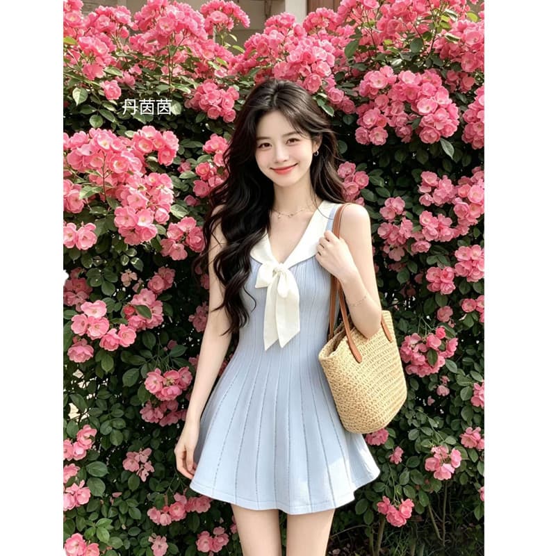 한국 홍콩 스타일 레트로 부드러운 숙녀 학생 학원 해군 스타일 나비 매듭 민소매 얼음 실크 드레스 플리츠 스커트 이미지 6