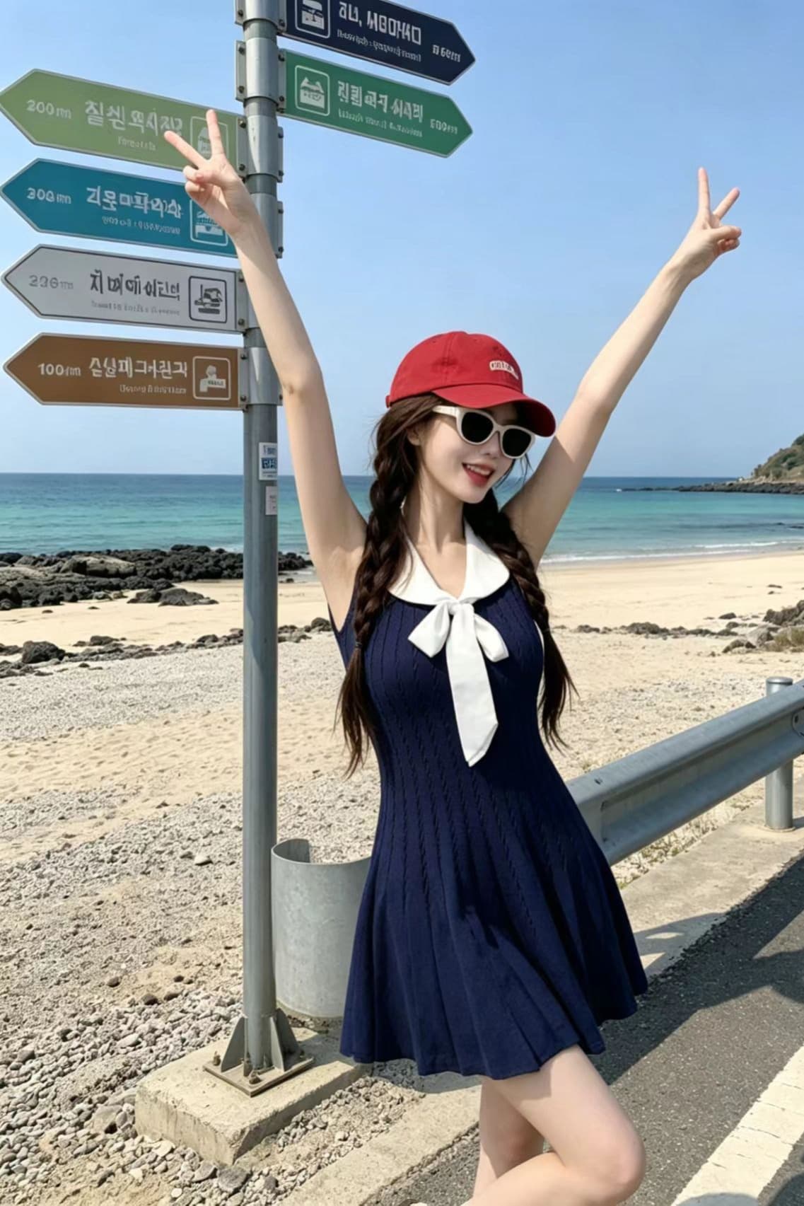 한국 홍콩 스타일 레트로 부드러운 숙녀 학생 학원 해군 스타일 나비 매듭 민소매 얼음 실크 드레스 플리츠 스커트 이미지 7