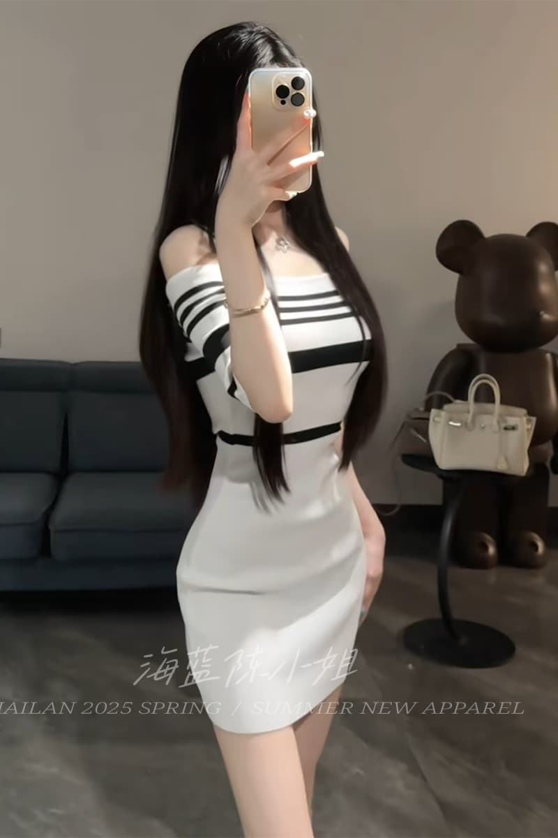 한국 섹시함 스트라이프 오프숄더 반팔 여성 드레스 여름 고급 센스 품격 몸매 가꾸기 오프숄더 ol 타이트 스커트 이미지 7