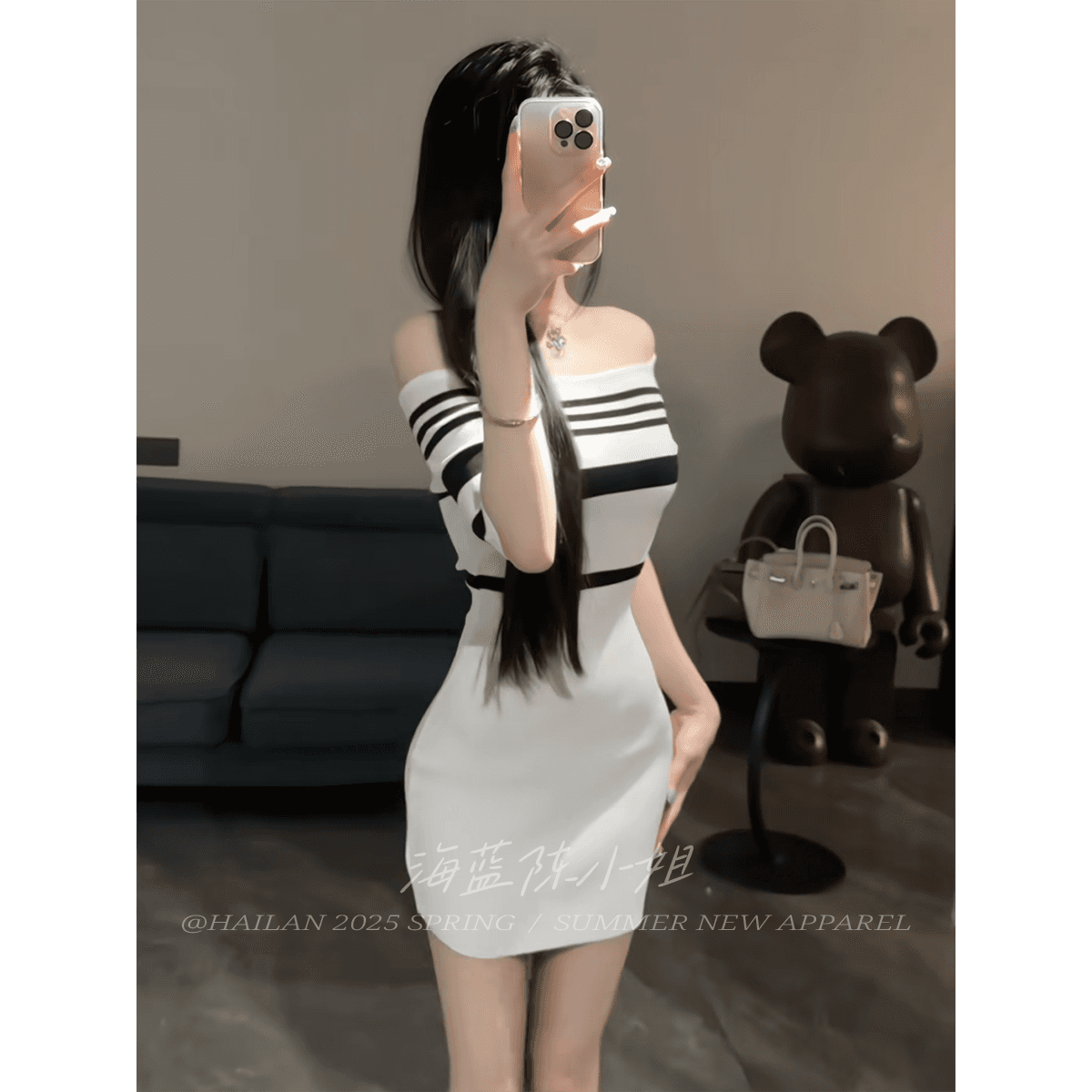 한국 섹시함 스트라이프 오프숄더 반팔 여성 드레스 여름 고급 센스 품격 몸매 가꾸기 오프숄더 ol 타이트 스커트 상세 이미지 4
