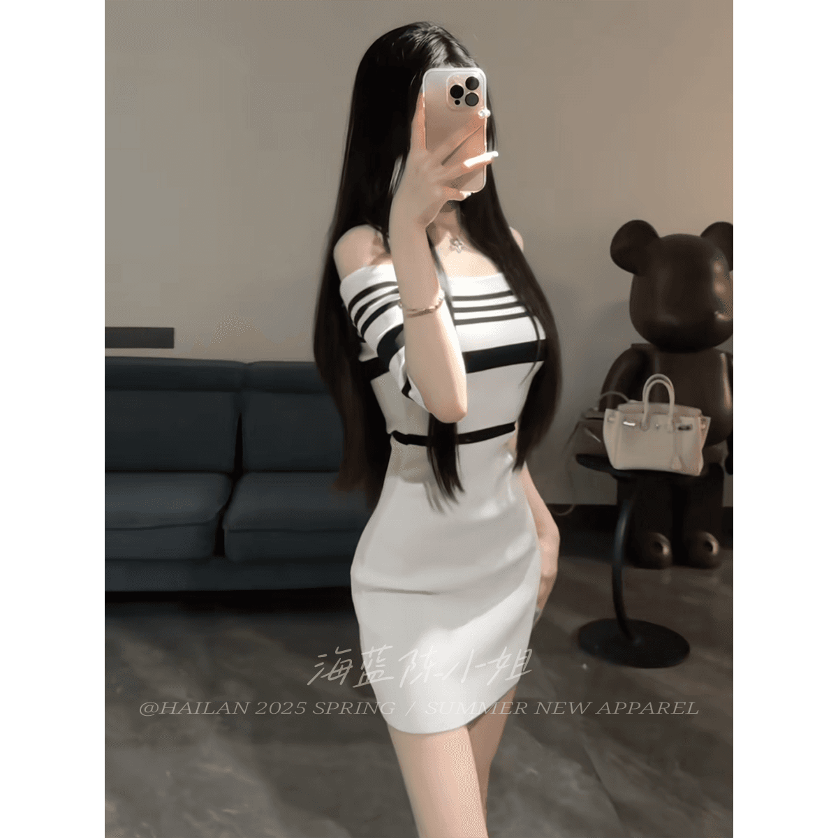 한국 섹시함 스트라이프 오프숄더 반팔 여성 드레스 여름 고급 센스 품격 몸매 가꾸기 오프숄더 ol 타이트 스커트 상세 이미지 8