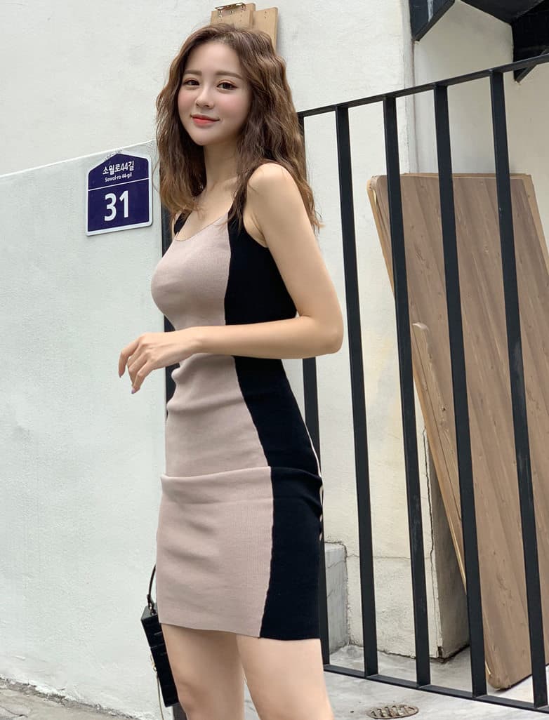 한국 품격 명문 여성 섹시함 낮은 가슴 패치워크 색상 드레스 허리 수축 슬림해 보이는 타이트 스커트 신축성 니트 얼음 실크 조끼 스커트 상세 이미지 29