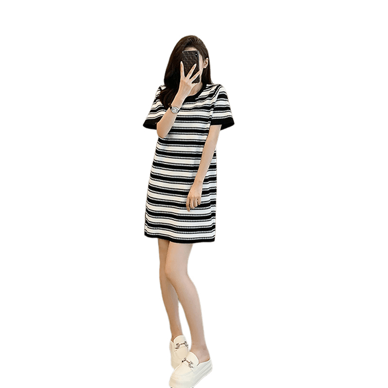 한국 작은 샤넬 스타일 라운드 넥 반팔 흑백 줄무늬 얼음 실크 드레스 스트레이트 루즈핏 느긋한 바람 티셔츠 치마 프랑스식 이미지 6