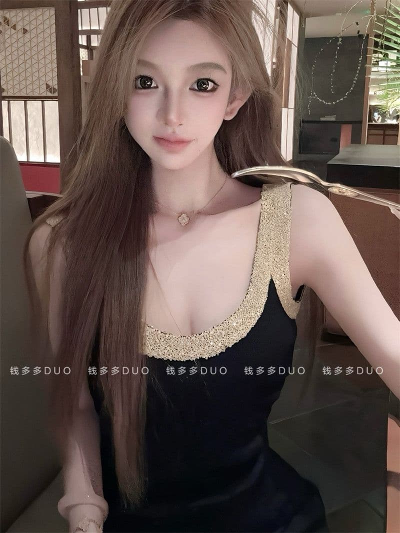 프랑스식 명문 여성 품격 부유 한 가족 천 골드 슬립 드레스 섹시함 백리스 배색 드레스 고급 센스 핫걸 미니 스커트 여성 이미지 4