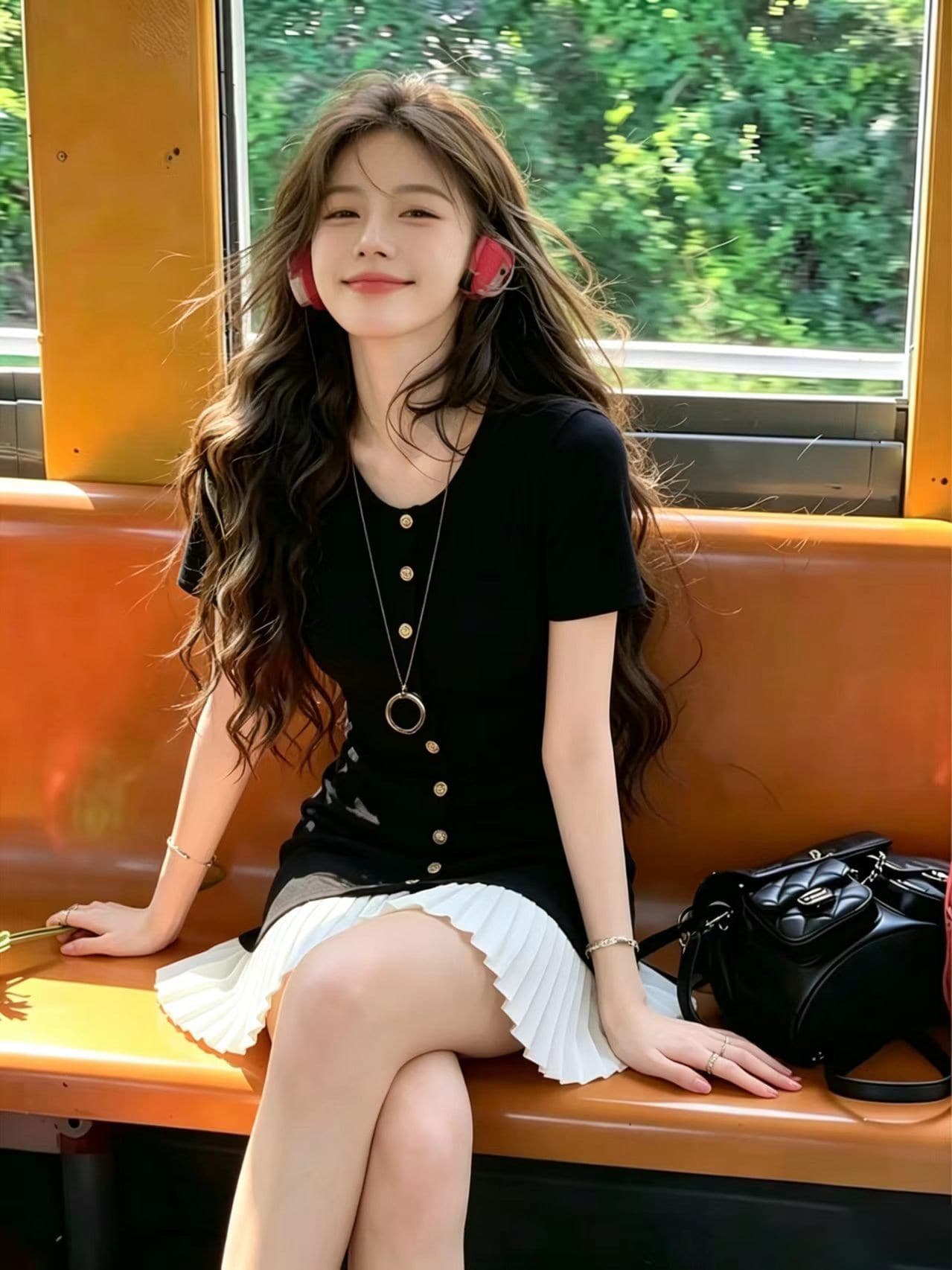 한국 명문 여성 홍콩 스타일 천 골드 프릴 니트 얼음 실크 플리츠 드레스 작은 키 숙녀 부드러운 학원 스타일 상세 이미지 8