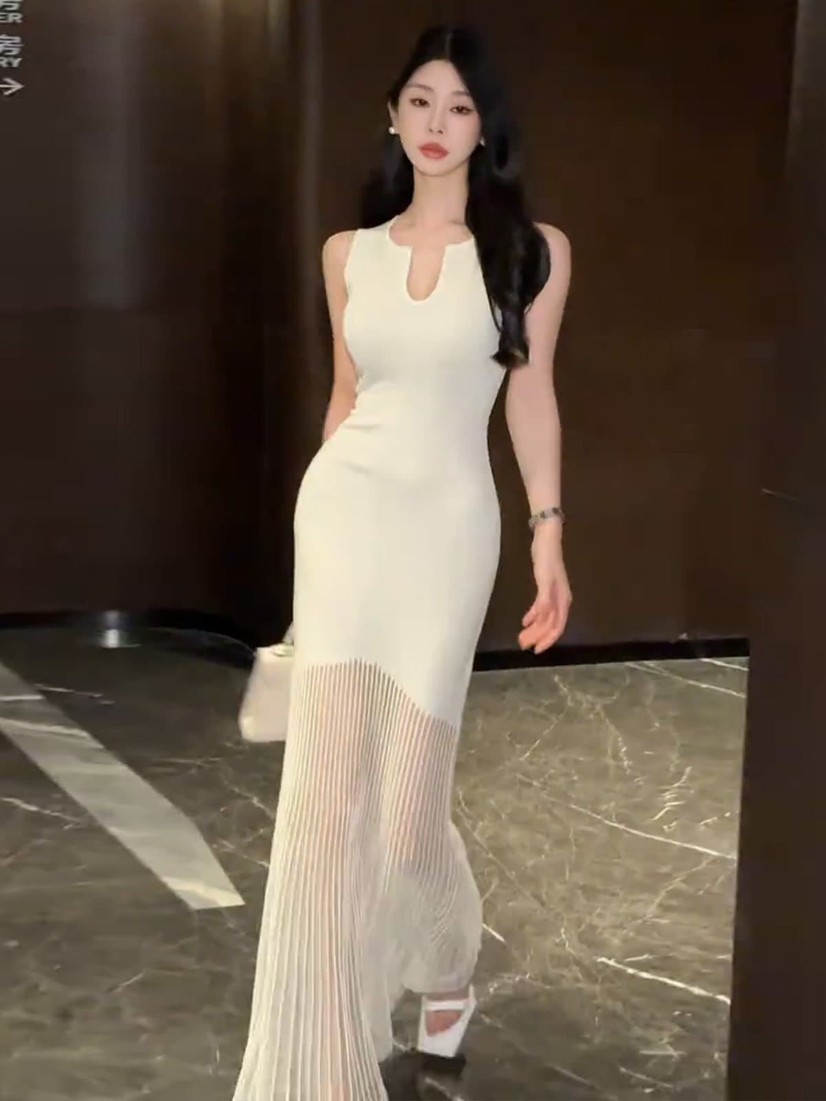 한국 품격 명문 여성 고급 센스 관대 한 점잖은 아름다운 부드러운 숙녀 작은 샤넬 스타일 얼음 실크 드레스 롱 스커트 트렌디 상세 이미지 4