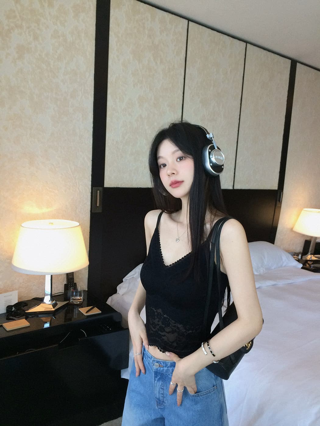 장 베이 베이 ibell 절묘한 부드러운 실 레이스 자카드 품격 몸매 가꾸기 슬림해 보이는 쇼트 스타일 물방울 컵 V넥 조끼 슬립 이미지 5
