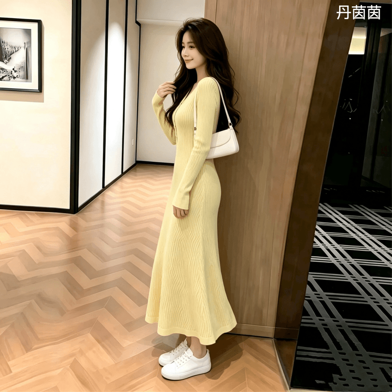 한국 품격 명문 여성 홍콩 스타일 레트로 황색 스웨터 니트 드레스 부드러운 숙녀 바람 인사이드 가져 가라. 만나는 롱 스커트 이미지 5