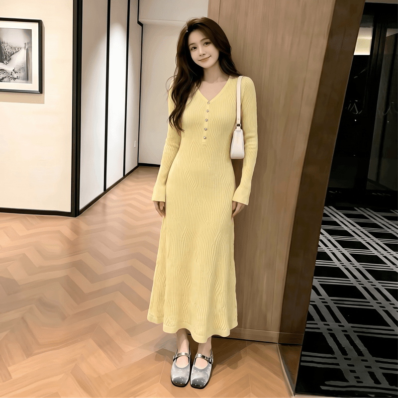 한국 품격 명문 여성 홍콩 스타일 레트로 황색 스웨터 니트 드레스 부드러운 숙녀 바람 인사이드 가져 가라. 만나는 롱 스커트 상세 이미지 2