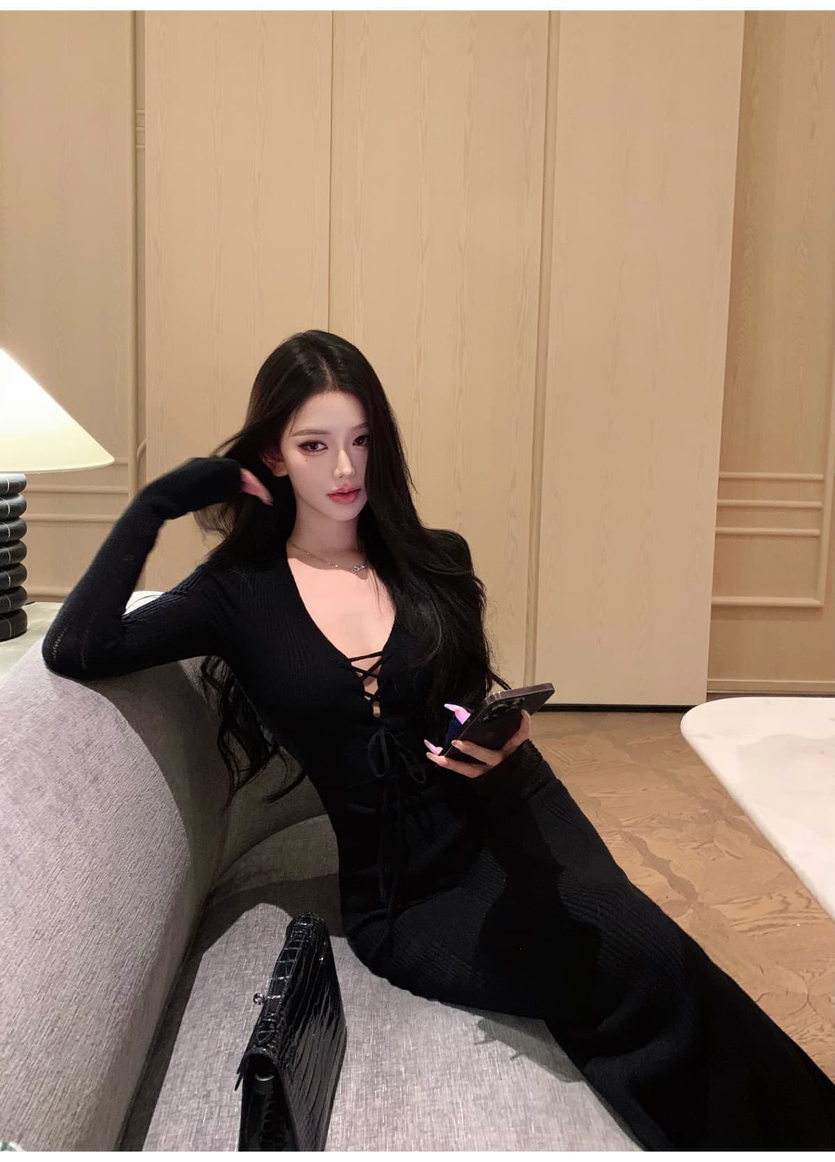 한국 jayky yang 자유 시간 부드러운 빛 깊은 v 스트랩 타이트 스커트 롱 스커트 허리 수축 몸매 가꾸기 캐주얼 다용도 드레스 상세 이미지 11