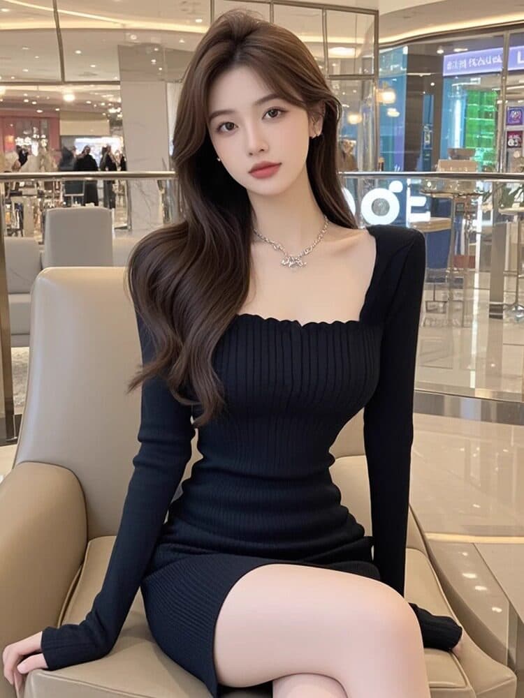 한국 검정색 광장 칼라 스웨터 니트 여성 드레스 가을 순수한 욕망 달콤한 매운맛 로얄 자매 바람 허리 수축 슬림해 보이는 타이트 스커트 상세 이미지 6