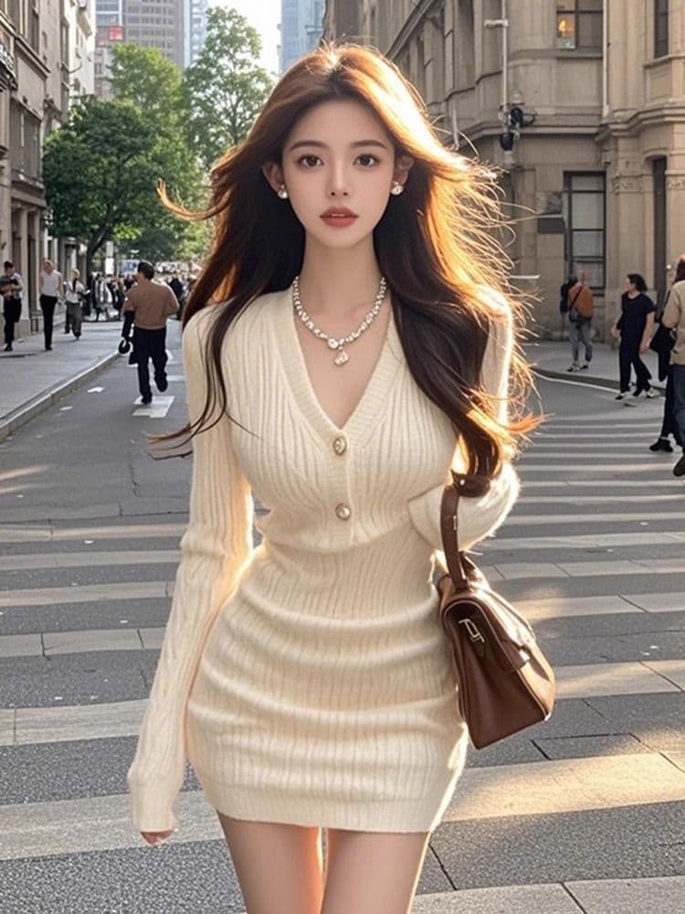 가을 겨울철 명문 여성 빛 럭셔리 고급 센스 부드러운 로얄 자매 바람 몸매 가꾸기 슬림해 보이는 품격 타이트 스커트 니트 스웨터 드레스 상세 이미지 4