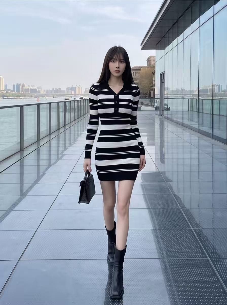 한국 품격 명문 여성 홍콩 스타일 polo 폴로 칼라 배색 스트라이프 니트 스웨터 드레스 몸매 가꾸기 ol 타이트 스커트 미니 스커트 상세 이미지 12