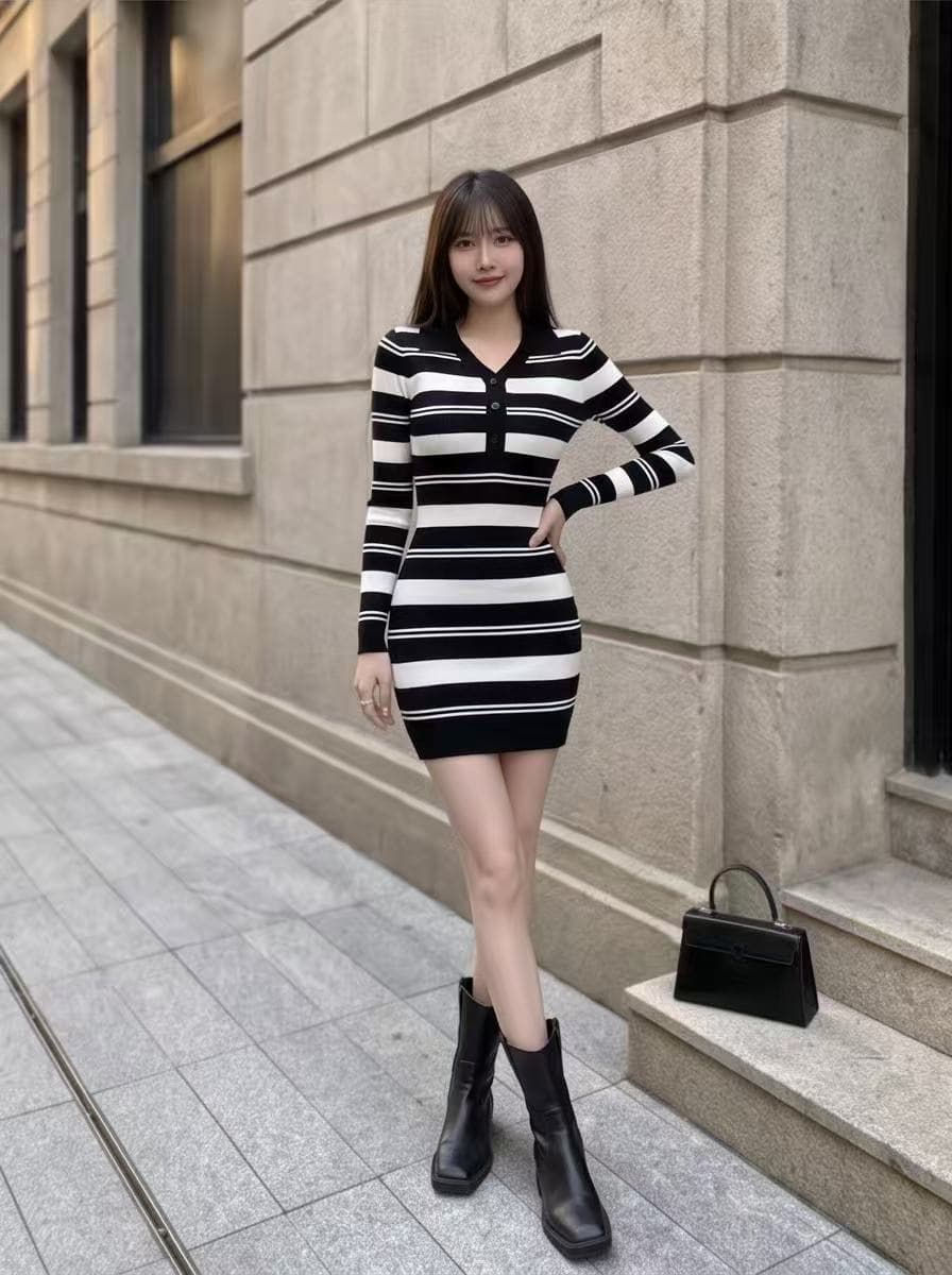 한국 품격 명문 여성 홍콩 스타일 polo 폴로 칼라 배색 스트라이프 니트 스웨터 드레스 몸매 가꾸기 ol 타이트 스커트 미니 스커트 상세 이미지 14