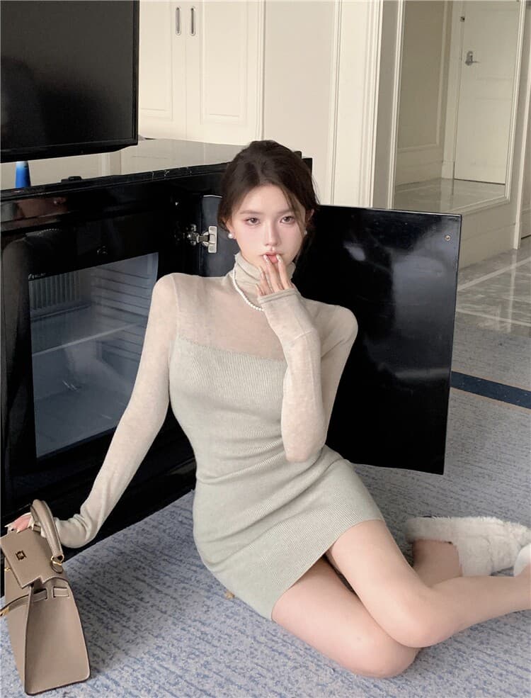 한국 가을 겨울 감기 로얄 자매 터틀넥 몸매 가꾸기 허리 수축 니트 미니 스커트 명문 여성 만나는 작은 키 타이트 스커트 드레스 상세 이미지 10