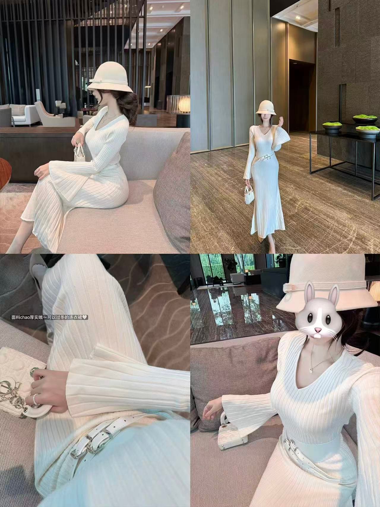 cczee 일몰 인어 베 이 구덩이 기사 니트 스웨터 여성 드레스 가을 V넥 레트로 나팔 소매 벨트 허리 수축 이미지 3