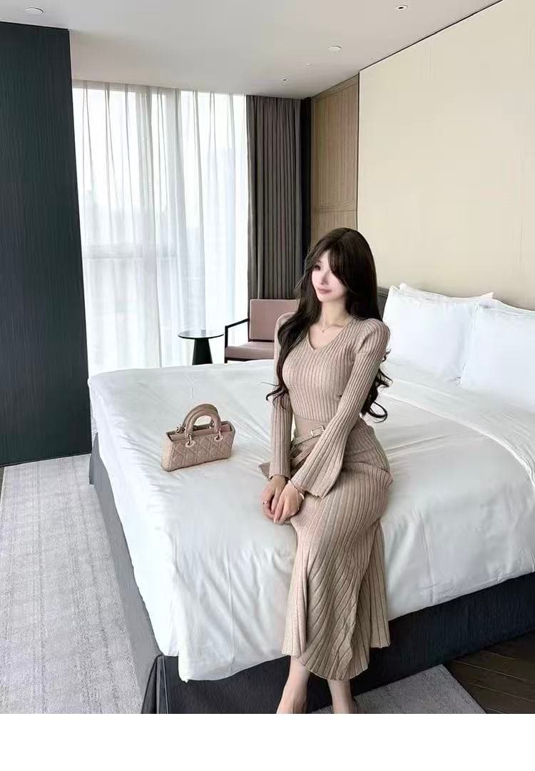 cczee 일몰 인어 베 이 구덩이 기사 니트 스웨터 여성 드레스 가을 V넥 레트로 나팔 소매 벨트 허리 수축 상세 이미지 7
