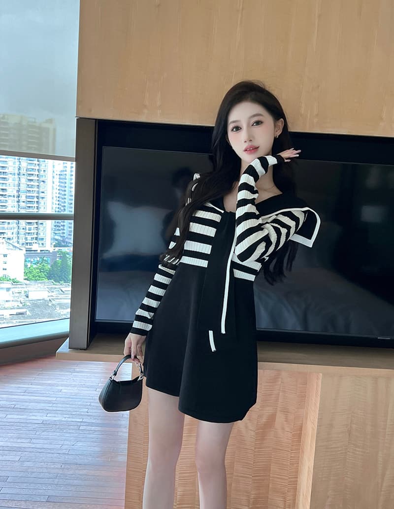 한국 명문 여성 품격 홍콩 스타일 작은 샤넬 스타일 해군 칼라 스트라이프 니트 스웨터 드레스 허리 수축 슬림해 보이는 A라인 스커트 상세 이미지 6