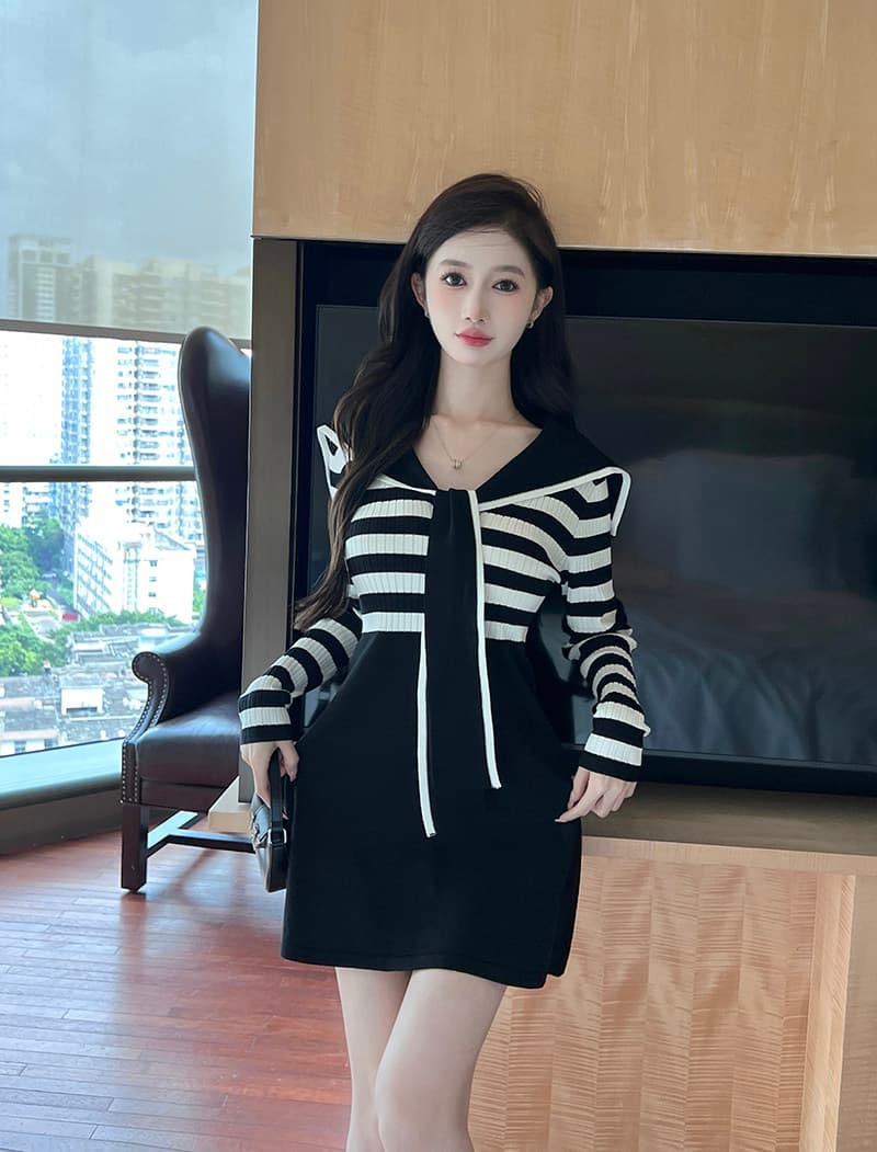한국 명문 여성 품격 홍콩 스타일 작은 샤넬 스타일 해군 칼라 스트라이프 니트 스웨터 드레스 허리 수축 슬림해 보이는 A라인 스커트 상세 이미지 7
