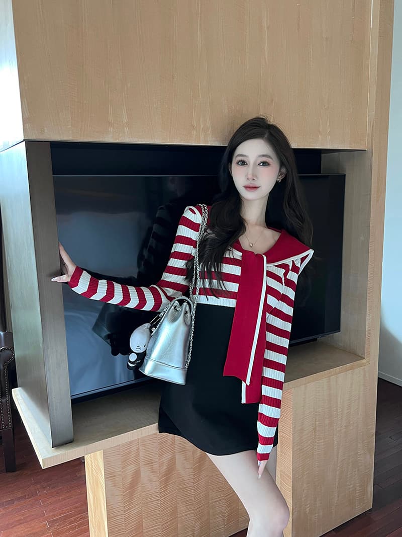 한국 명문 여성 품격 홍콩 스타일 작은 샤넬 스타일 해군 칼라 스트라이프 니트 스웨터 드레스 허리 수축 슬림해 보이는 A라인 스커트 상세 이미지 14