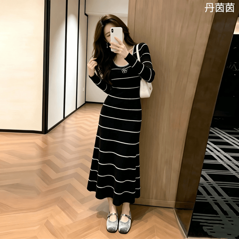한국 품격 명문 여성 부드러운 숙녀 홍콩 스타일 대학생 작은 샤넬 스타일 스트라이프 니트 스웨터 드레스 가을 겨울 이미지 6