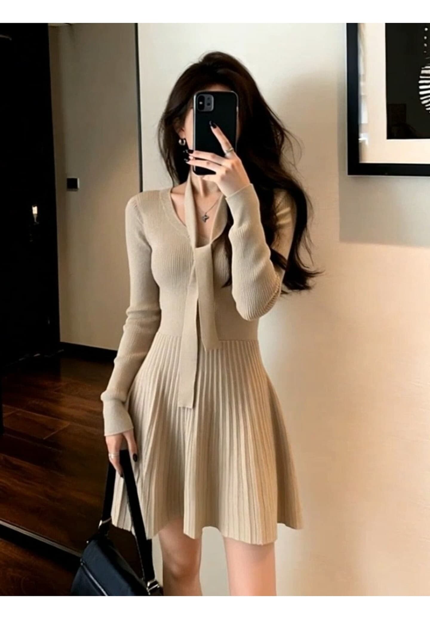 한국 품격 소녀 천 골드 센스 홍콩 스타일 부드러운 숙녀 레이스업 V넥 레이스업 니트 스웨터 플리츠 드레스 상세 이미지 5