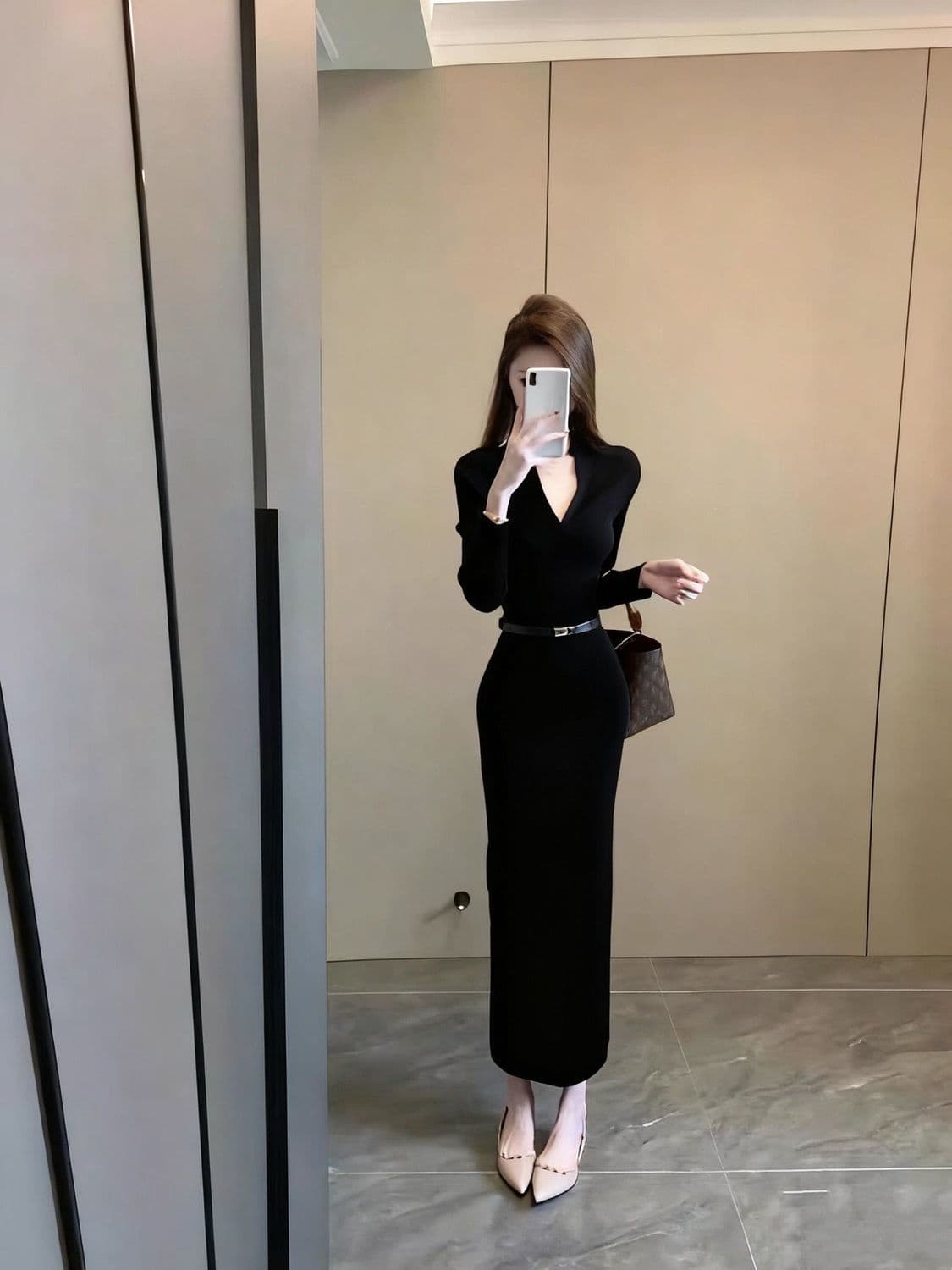 로얄 자매 바람 V넥 슈퍼 잘 생긴 긴팔 니트 여성 드레스 가을 겨울 품격 몸매 가꾸기 인사이드 가져 가라. 만나는 타이트 스커트 롱 스커트 상세 이미지 18