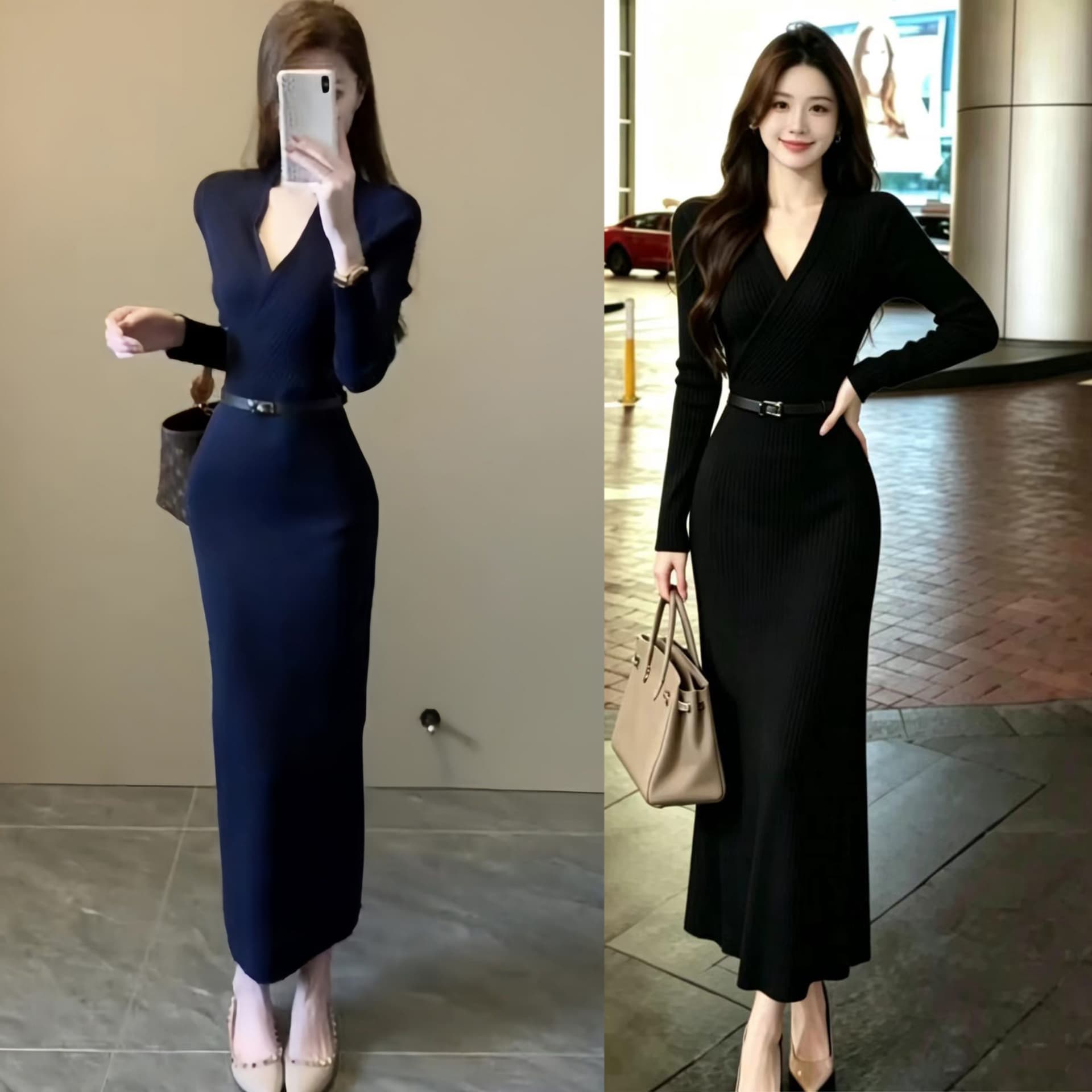 로얄 자매 바람 V넥 슈퍼 잘 생긴 긴팔 니트 여성 드레스 가을 겨울 품격 몸매 가꾸기 인사이드 가져 가라. 만나는 타이트 스커트 롱 스커트 이미지 2