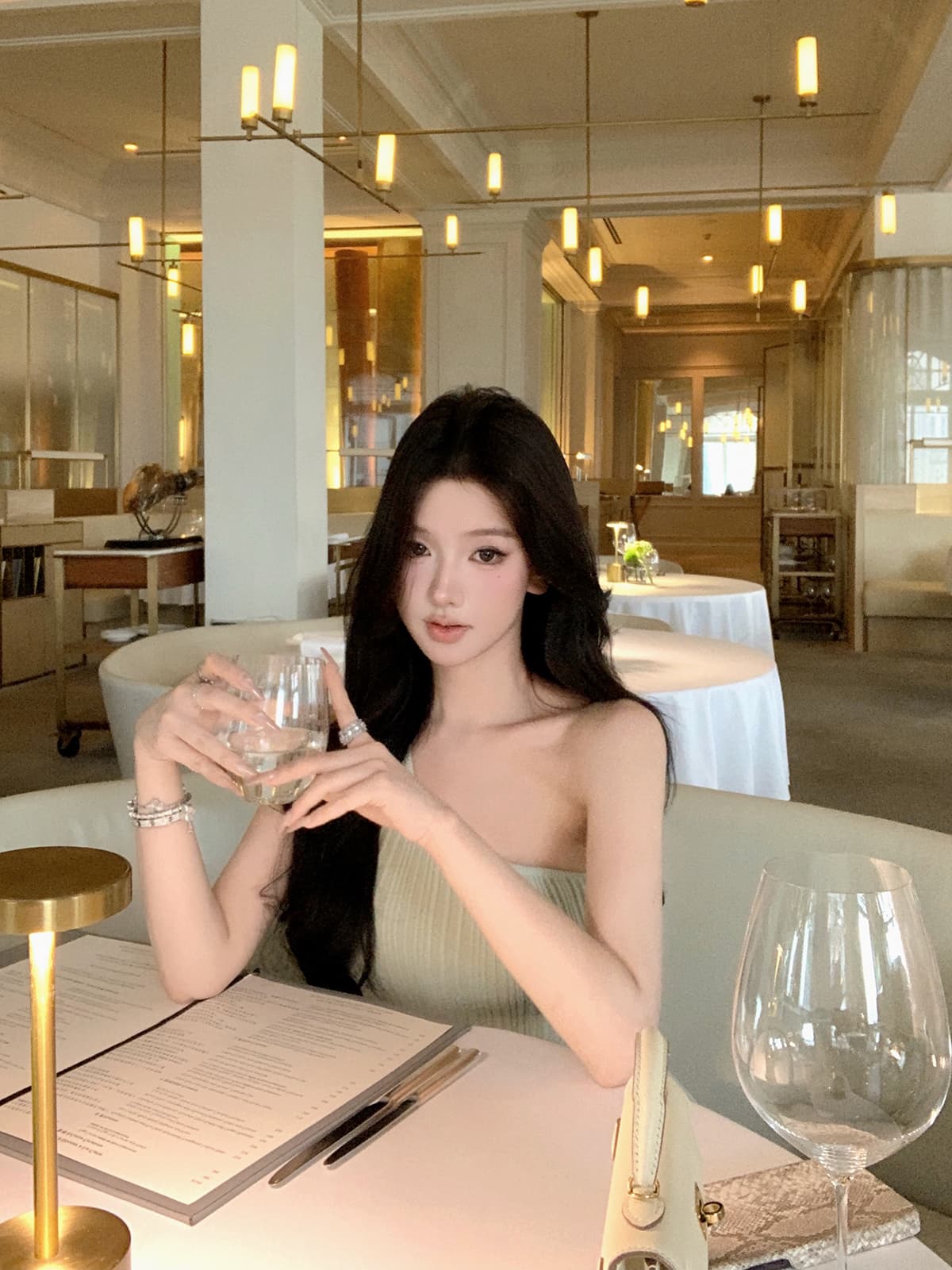 jayky yang 민트 노래 녹색 비스듬한 어깨 트임 니트 드레스 허리 수축 슬림해 보이는 인사이드 가져 가라. 만나는 롱 스커트 상세 이미지 26