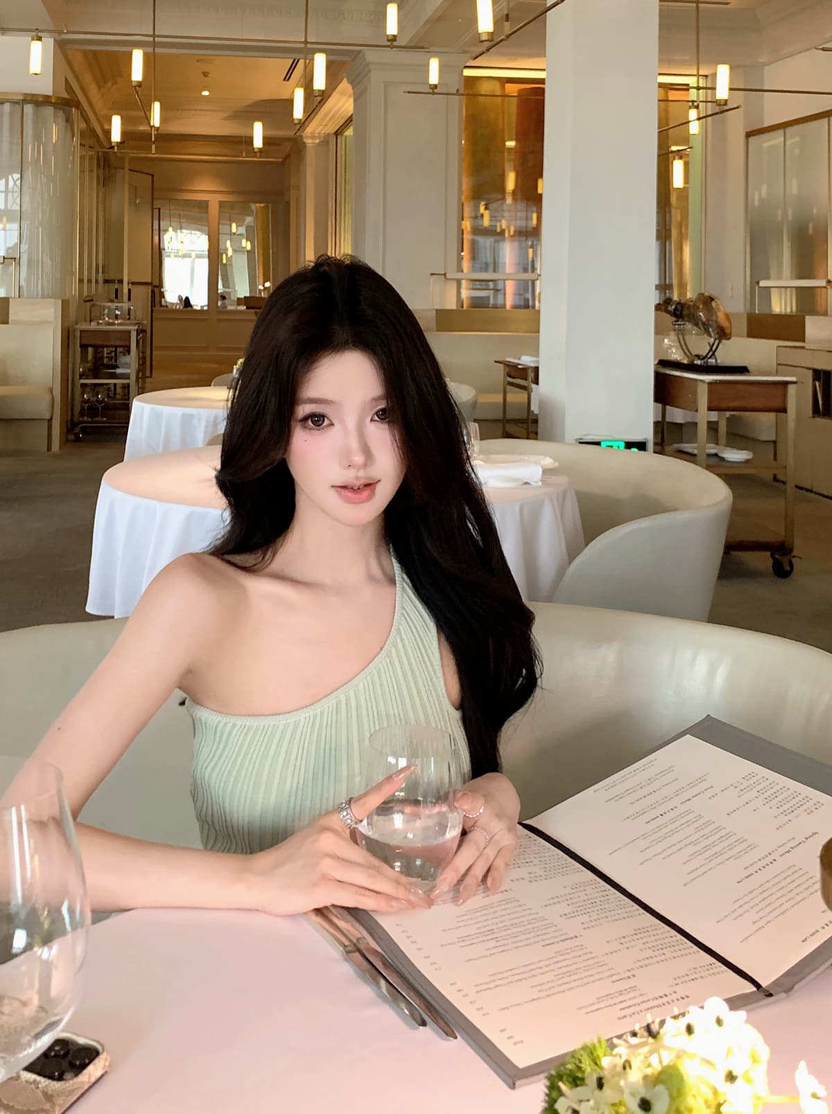 jayky yang 민트 노래 녹색 비스듬한 어깨 트임 니트 드레스 허리 수축 슬림해 보이는 인사이드 가져 가라. 만나는 롱 스커트 상세 이미지 28