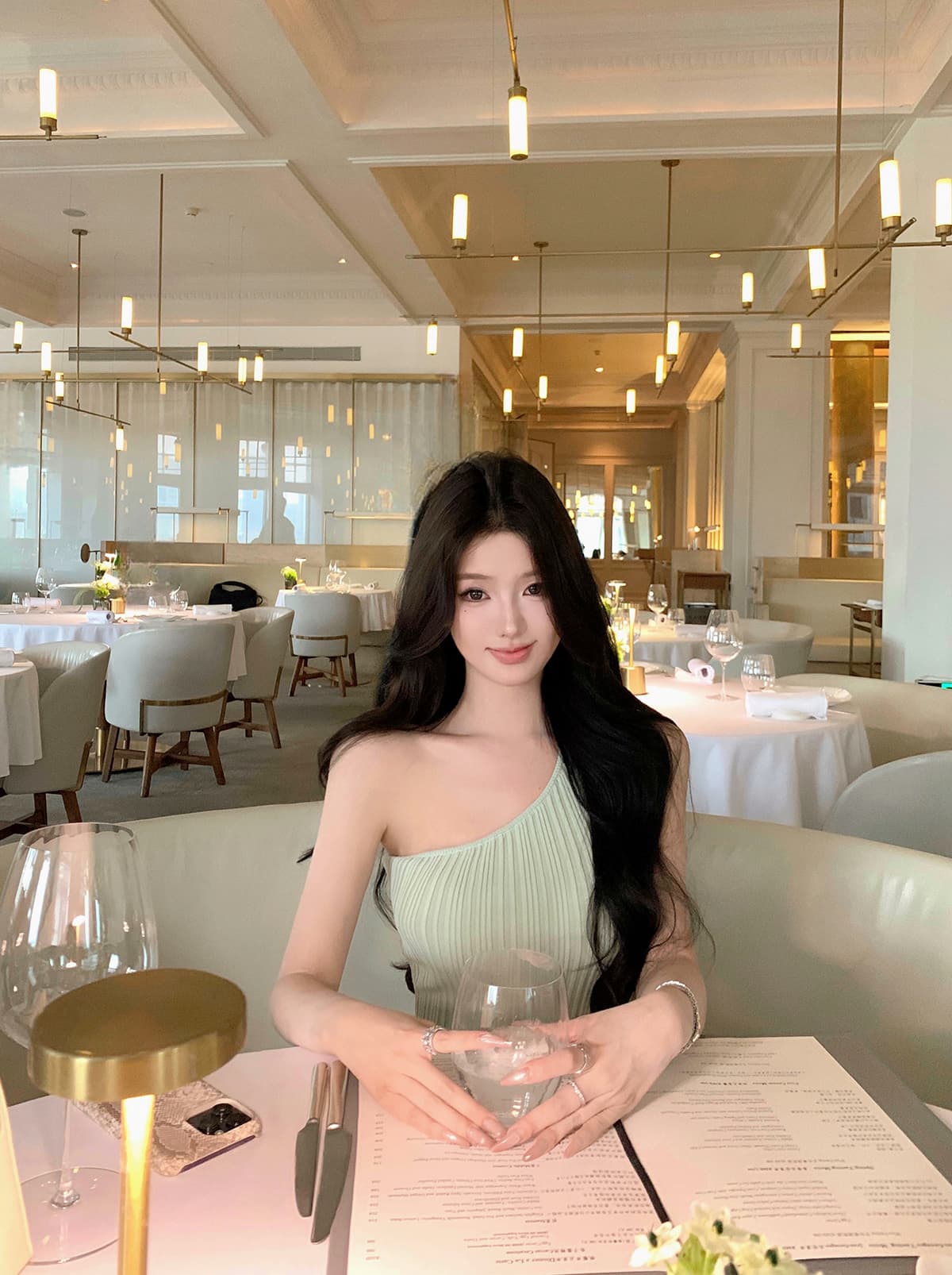 jayky yang 민트 노래 녹색 비스듬한 어깨 트임 니트 드레스 허리 수축 슬림해 보이는 인사이드 가져 가라. 만나는 롱 스커트 상세 이미지 30