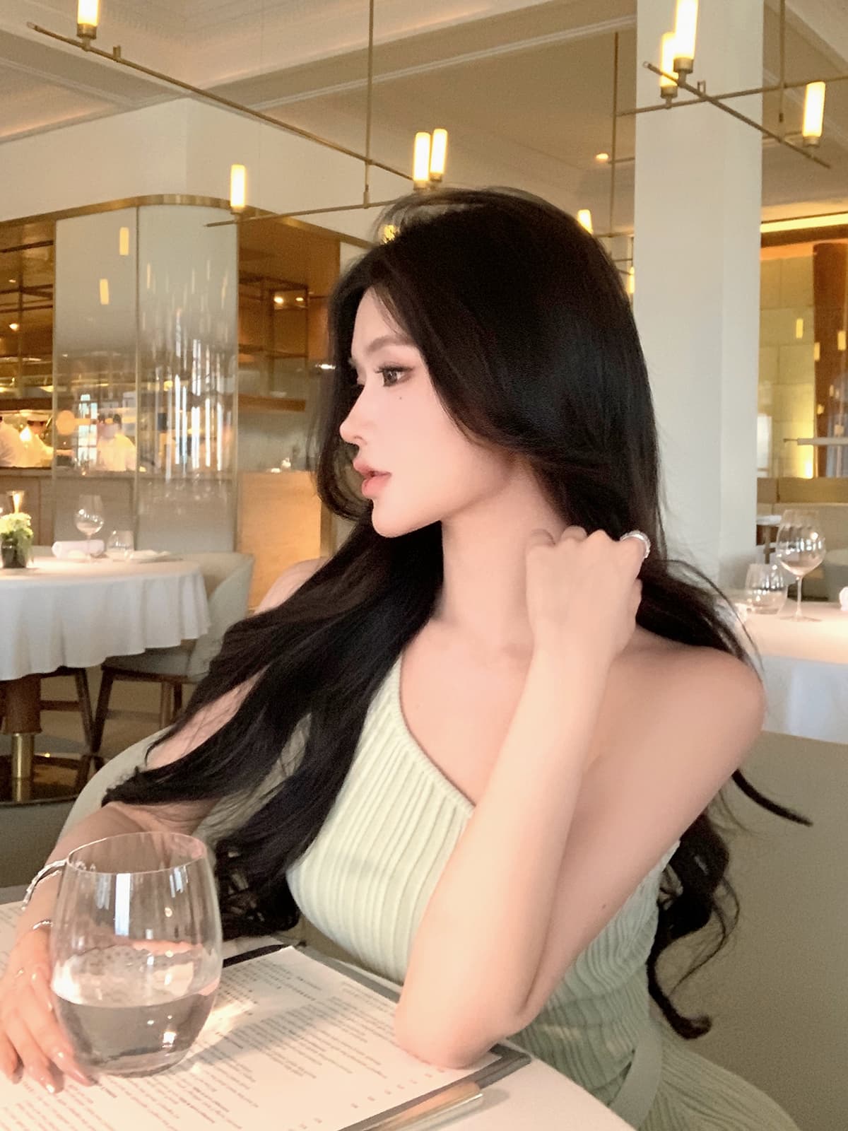 jayky yang 민트 노래 녹색 비스듬한 어깨 트임 니트 드레스 허리 수축 슬림해 보이는 인사이드 가져 가라. 만나는 롱 스커트 상세 이미지 32
