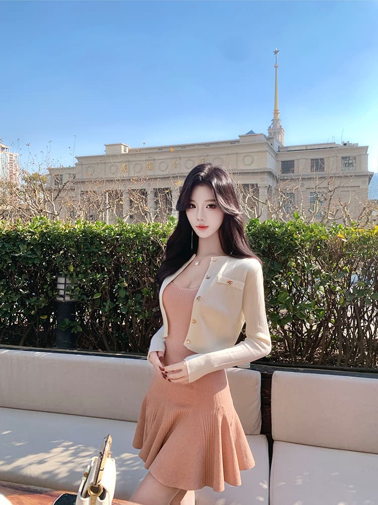 한국 dfay 복숭아 장미 골드 몸매 가꾸기 신축성 얼음 실크 광장 칼라 여성 드레스 여름 작은 키 심장 기계 핫걸 상세 이미지 9