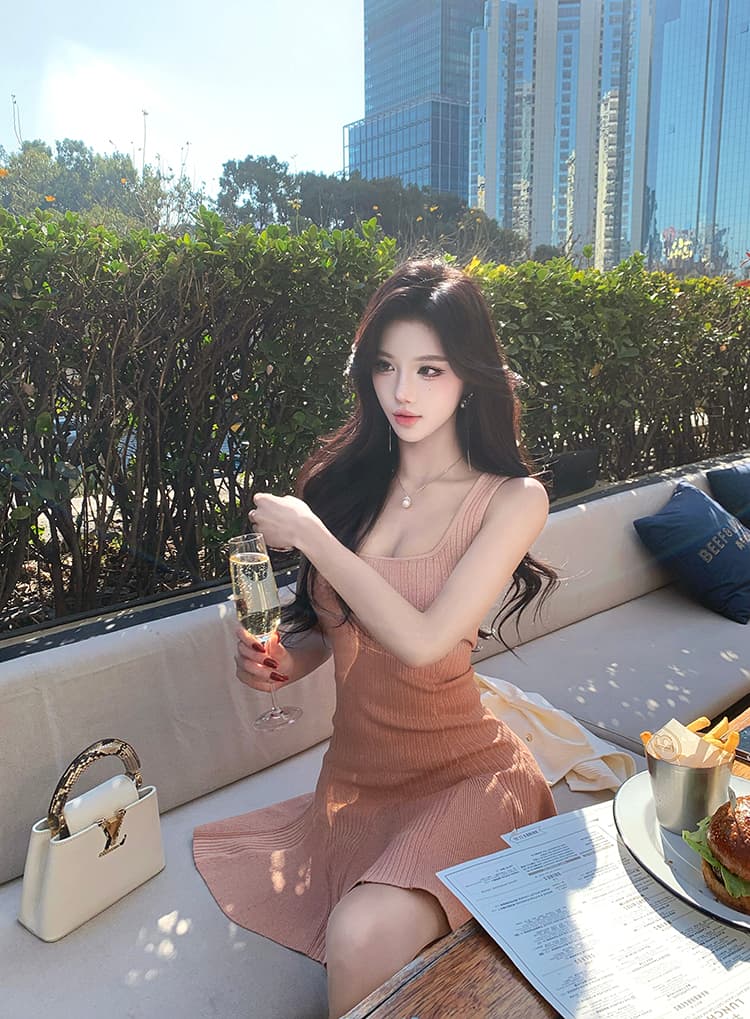 한국 dfay 복숭아 장미 골드 몸매 가꾸기 신축성 얼음 실크 광장 칼라 여성 드레스 여름 작은 키 심장 기계 핫걸 상세 이미지 11