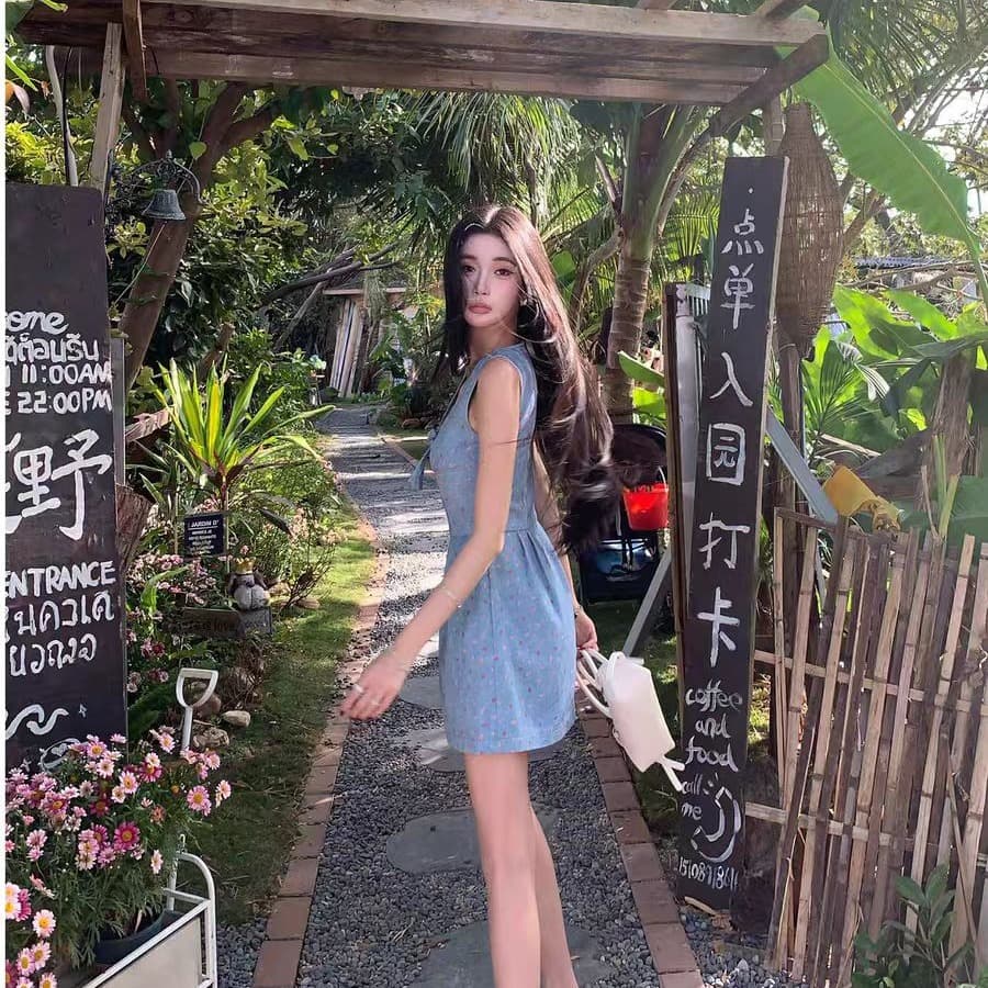 barb chill 스타 가을 꽃무늬 치마 데님 여성 드레스 여름 휴가 착용 가져 가라. 나비 매듭 조끼 스커트 이미지 5