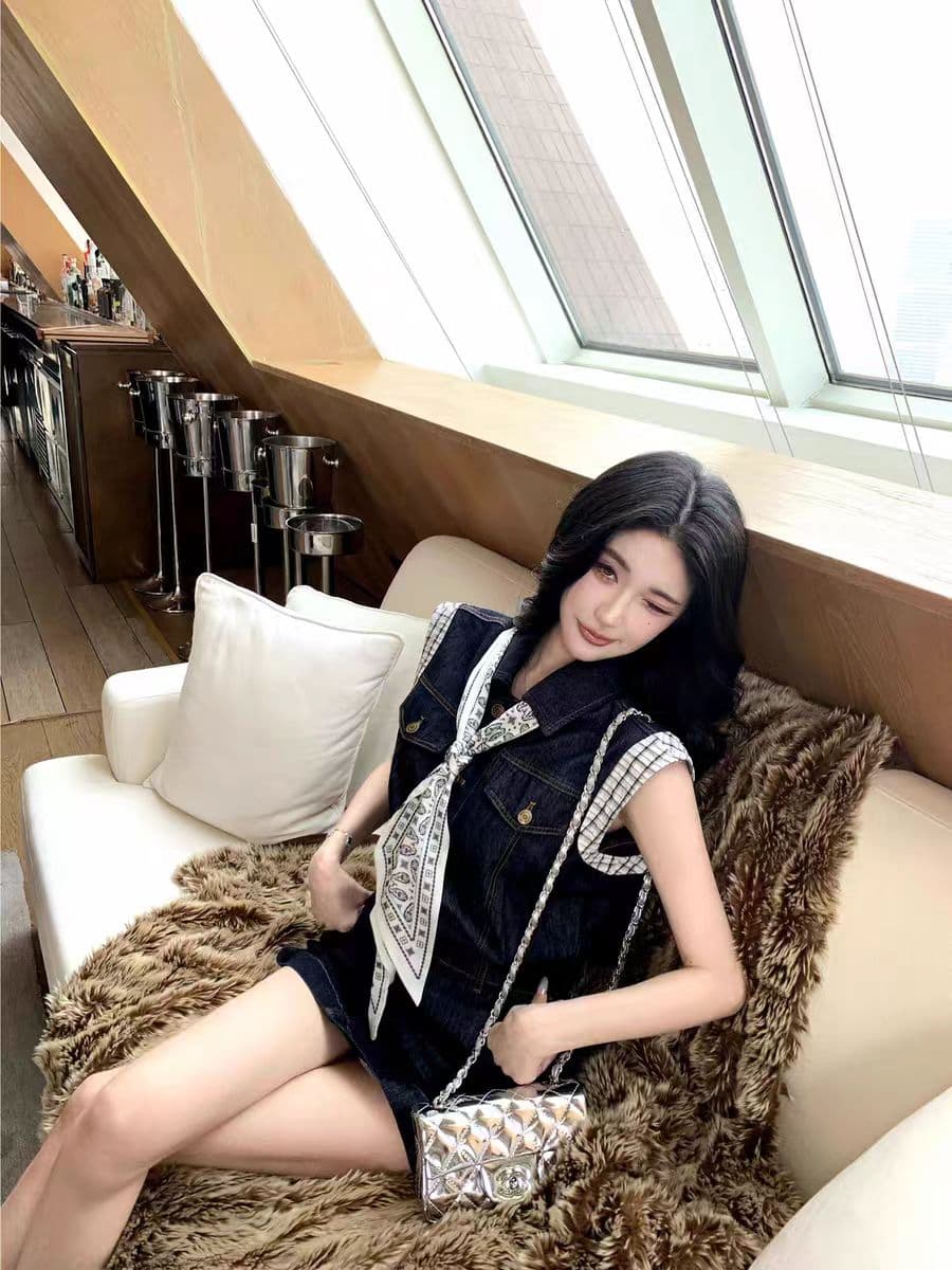 barb chill 타닌 프롤로그 민소매 데님 여성 드레스 여름 레트로 출퇴근 a 단어 미니 스커트 이미지 4