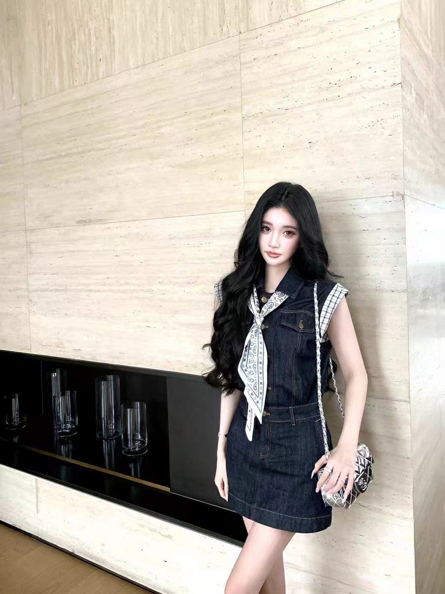 barb chill 타닌 프롤로그 민소매 데님 여성 드레스 여름 레트로 출퇴근 a 단어 미니 스커트 이미지 2