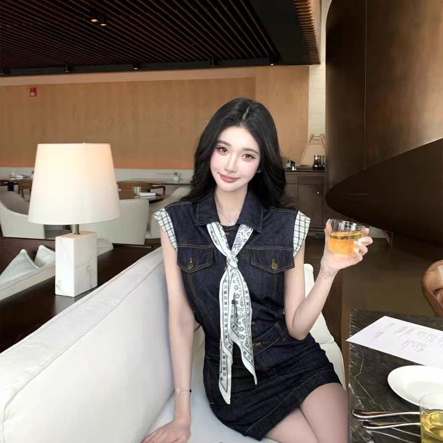 barb chill 타닌 프롤로그 민소매 데님 여성 드레스 여름 레트로 출퇴근 a 단어 미니 스커트 이미지 5