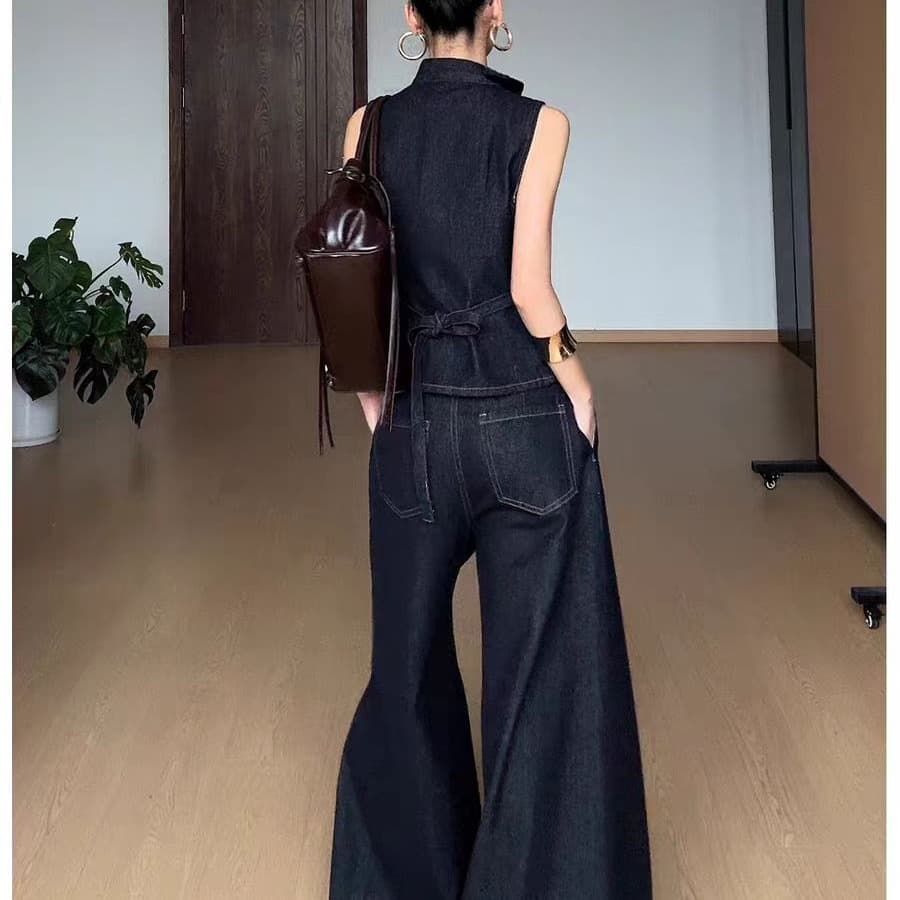 cizzlemore 알고있다. 밀가루 레트로 측면 단추 허리 수축 데님 베스트 플리츠 데님 와이드 레그 팬츠 투피스 세트 이미지 5