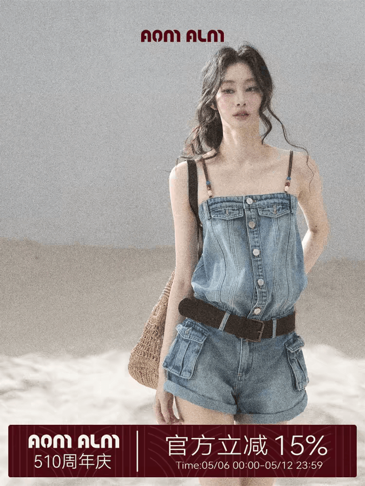 aomalm 덜 또한 눈 이동 해변가 걷기 아메리칸 데님 점프 슈트 여름 원피스 반바지 워크웨어 점프 슈트 바지